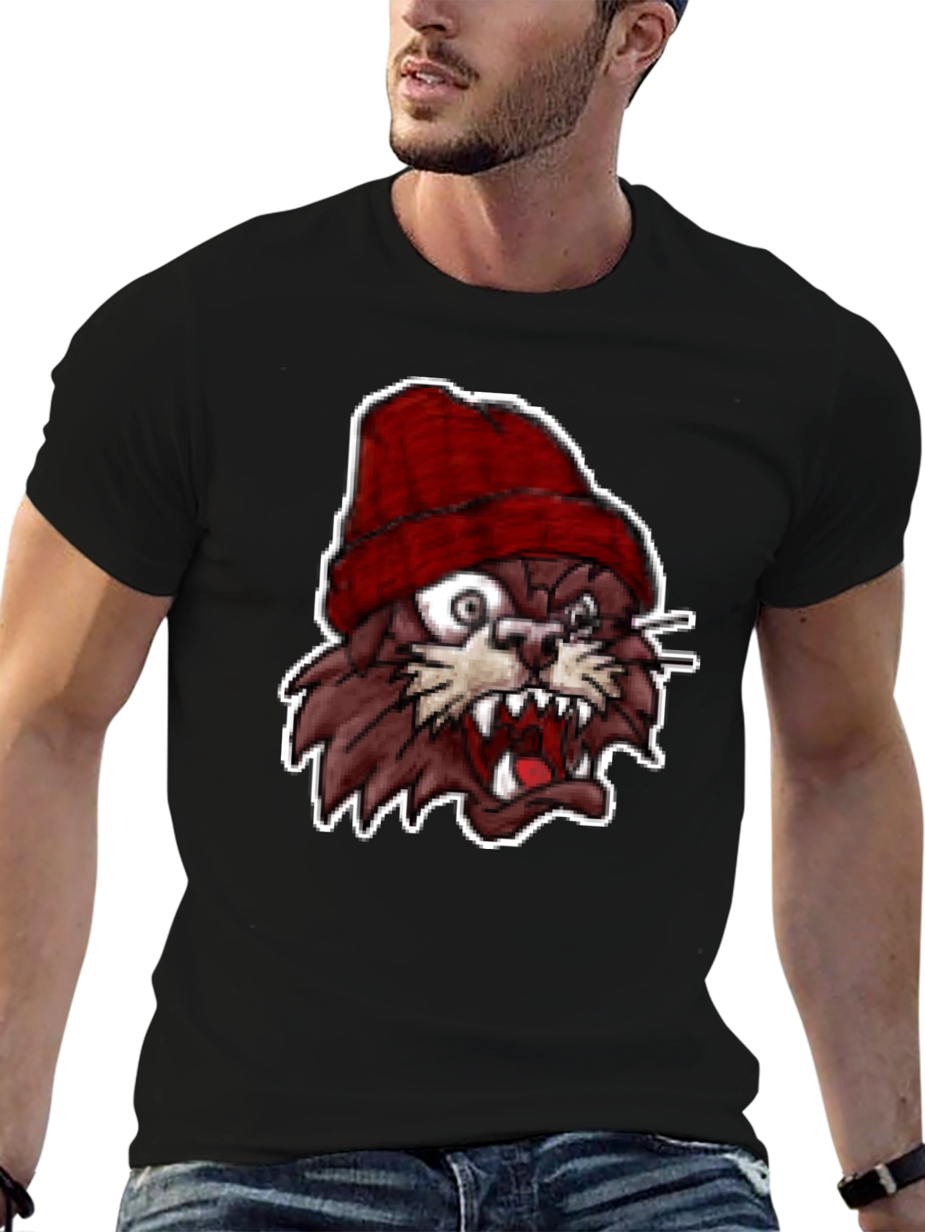Mens Black T-Shirt with Crazy Cartoon Cat Graphic