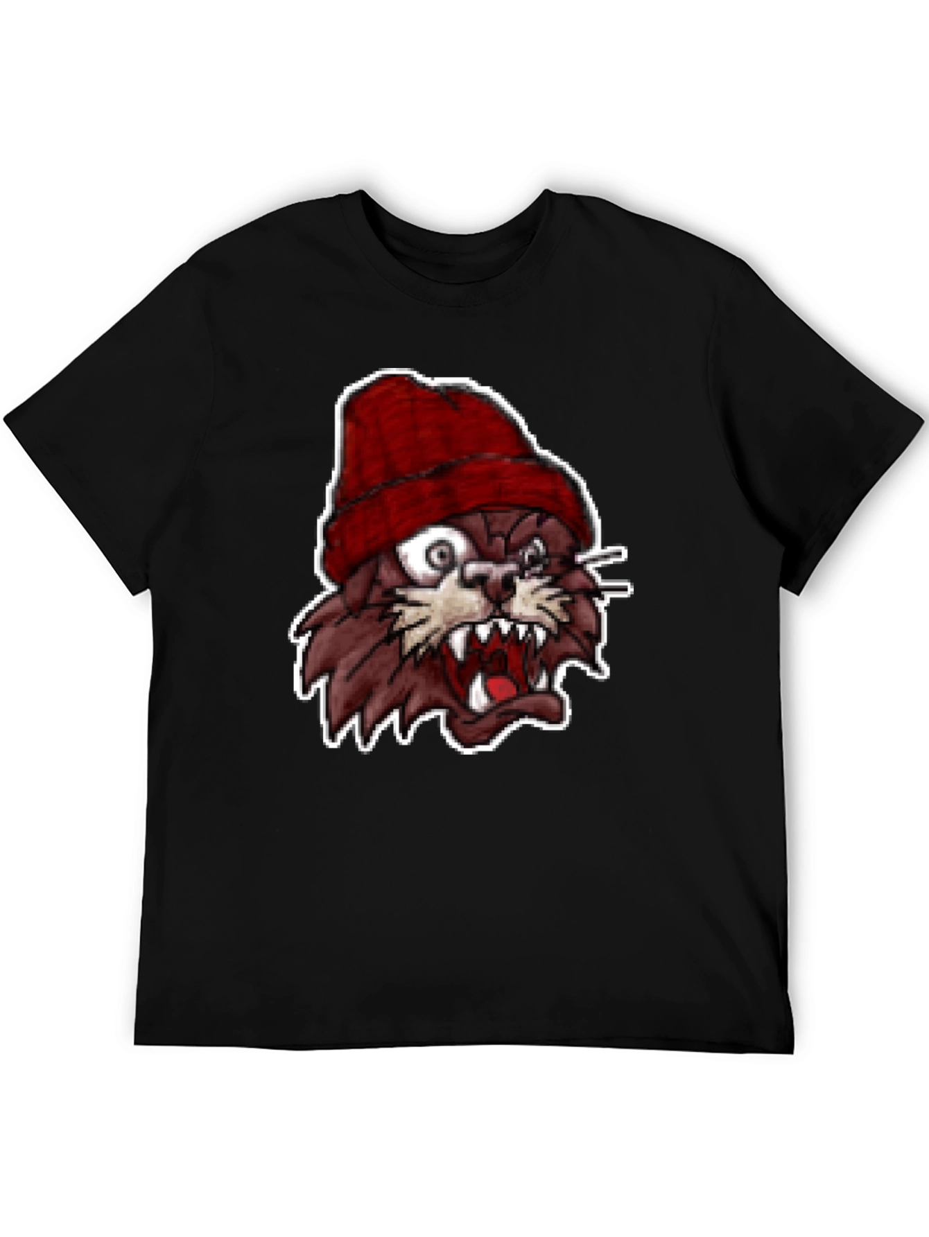 Mens Black T-Shirt with Crazy Cartoon Cat Graphic