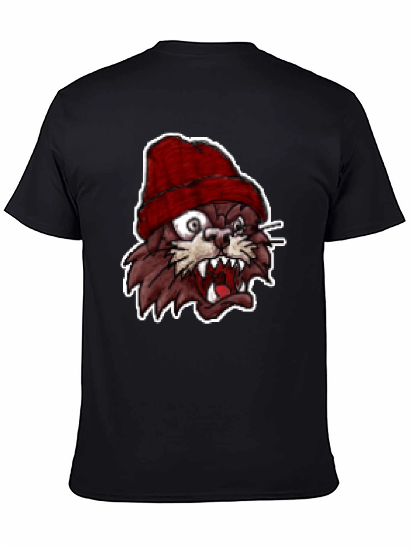 Mens Black T-Shirt with Crazy Cartoon Cat Graphic