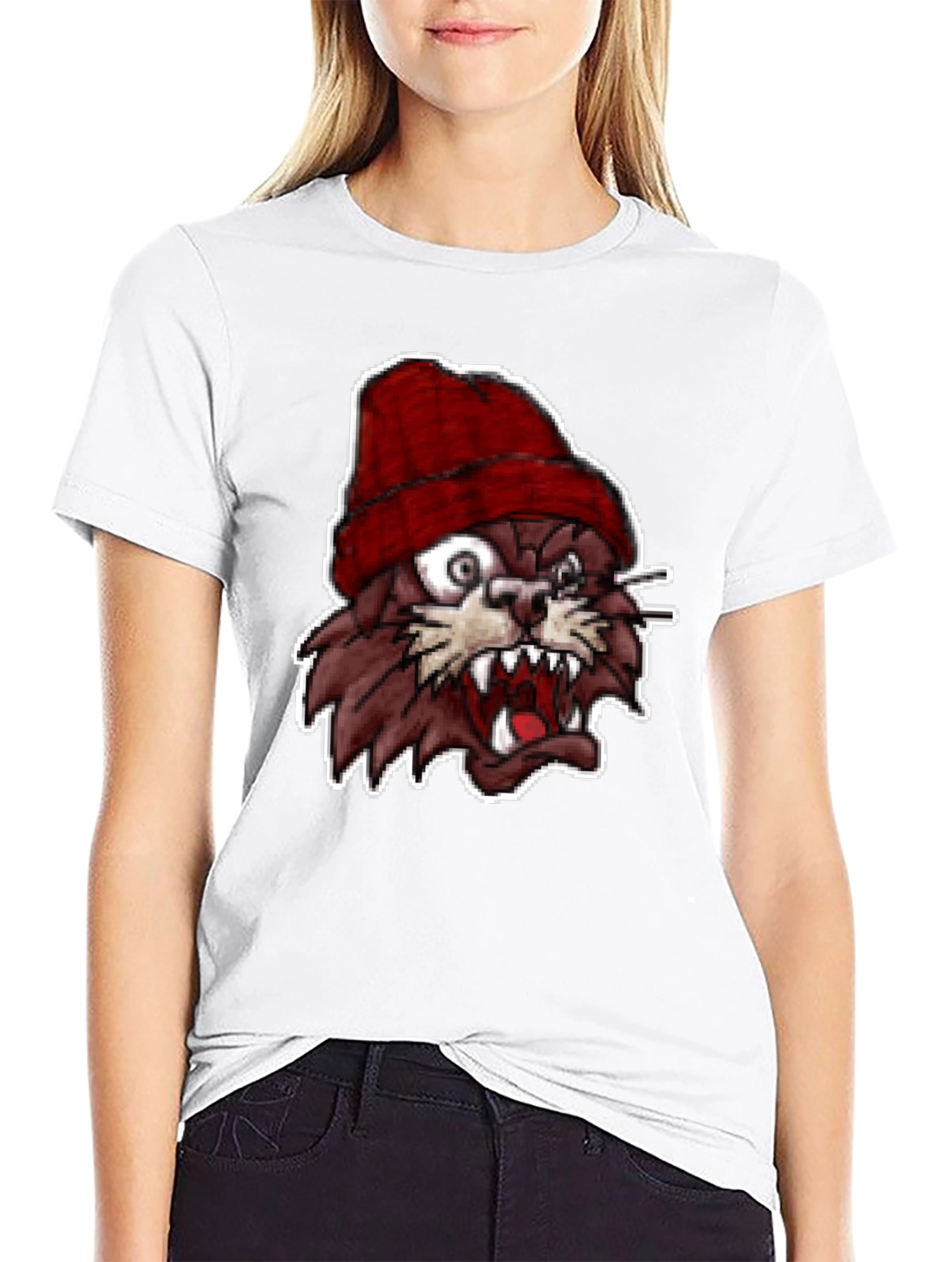 Mens Black T-Shirt with Crazy Cartoon Cat Graphic