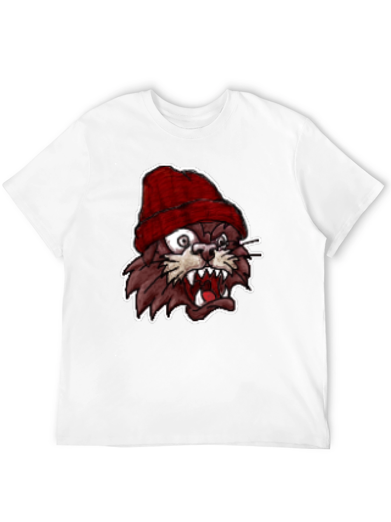 Mens Black T-Shirt with Crazy Cartoon Cat Graphic