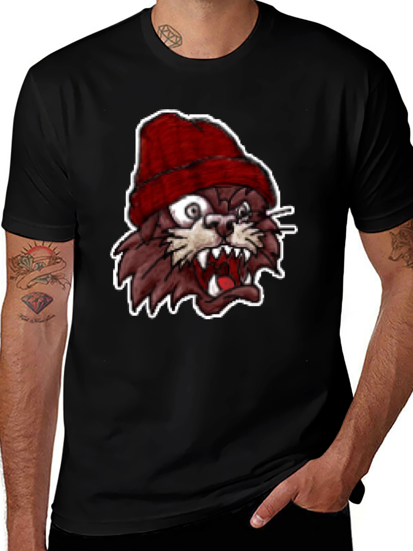Mens Black T-Shirt with Crazy Cartoon Cat Graphic