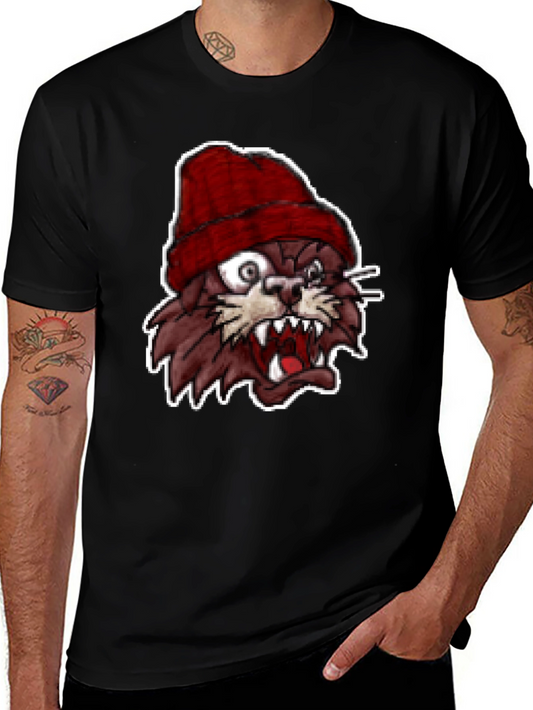 Mens Black T-Shirt with Crazy Cartoon Cat Graphic