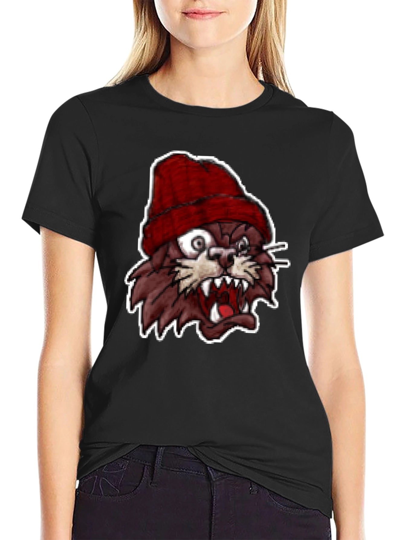 Mens Black T-Shirt with Crazy Cartoon Cat Graphic