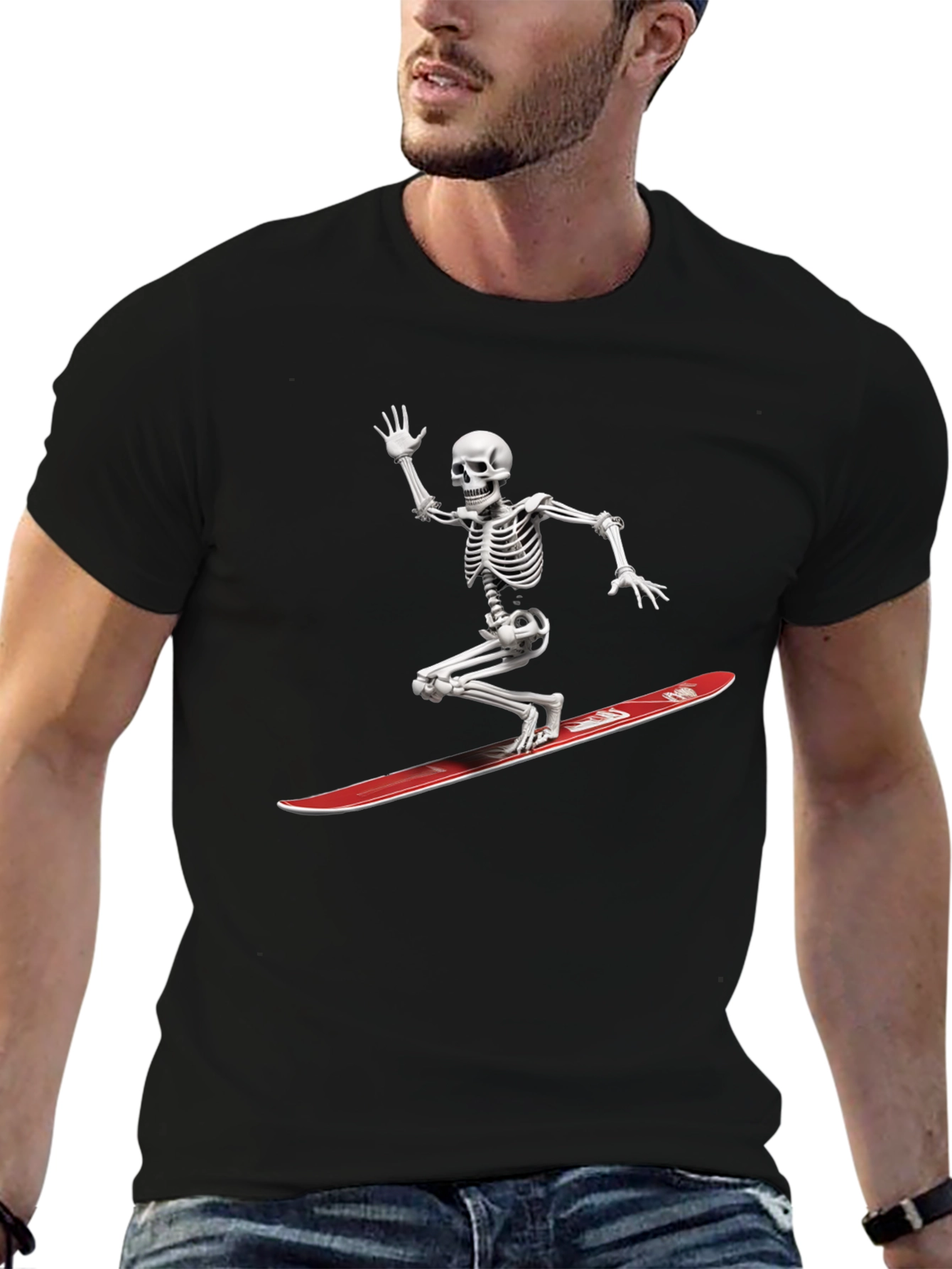 Skeleton Surfing Graphic Tee - Black Casual T-Shirt