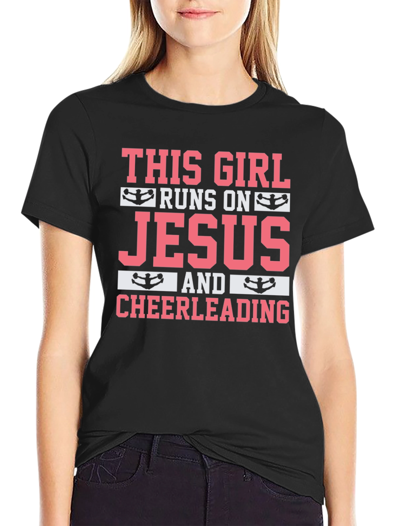 Runs on Jesus and Cheerleading Black T-Shirt