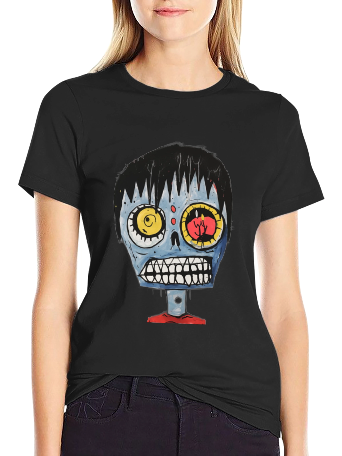 Zombie Cartoon Graphic Tee - Black Cotton T-Shirt