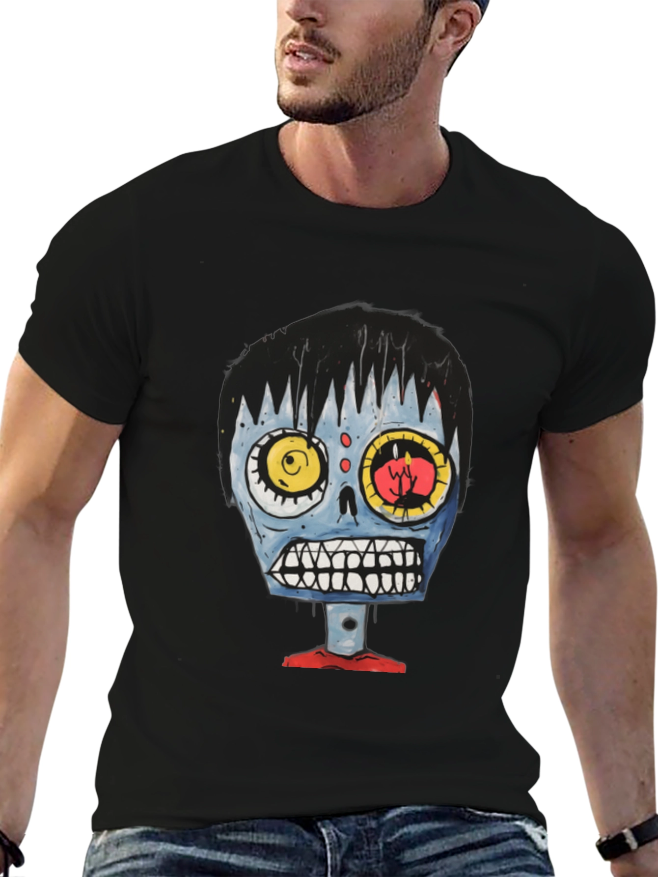 Zombie Cartoon Graphic Tee - Black Cotton T-Shirt