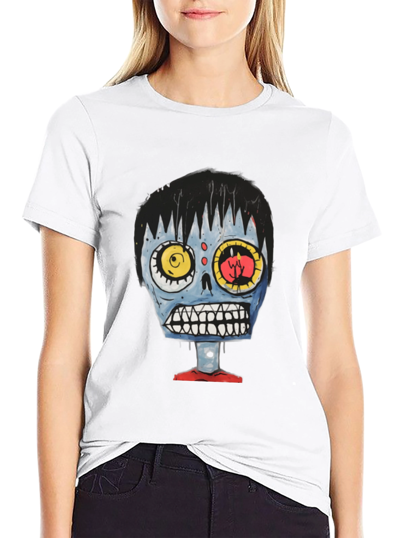 Zombie Cartoon Graphic Tee - Black Cotton T-Shirt