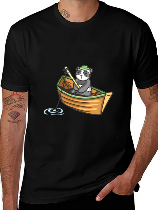Panda Fishing Boat Graphic T-Shirt