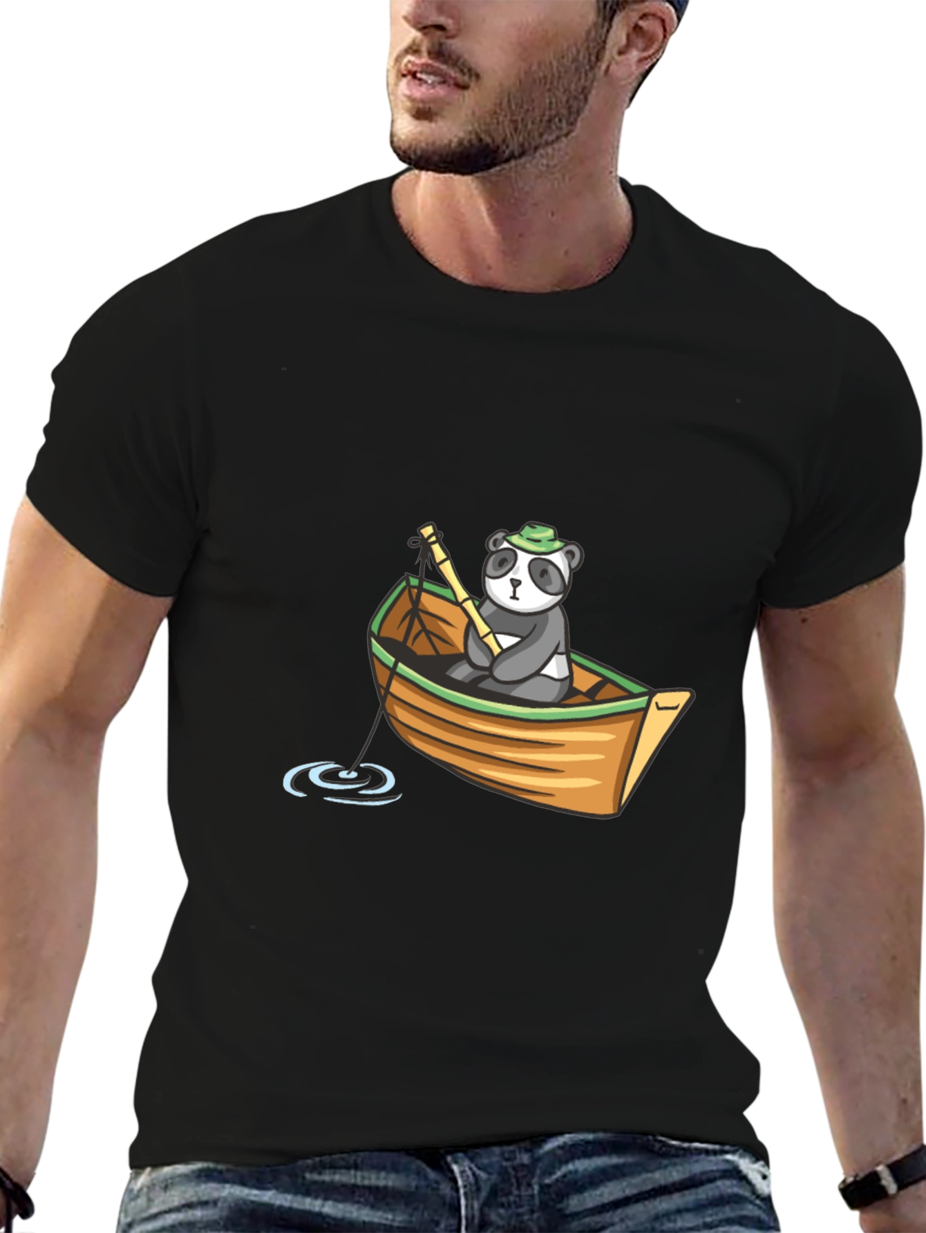 Panda Fishing Boat Graphic T-Shirt