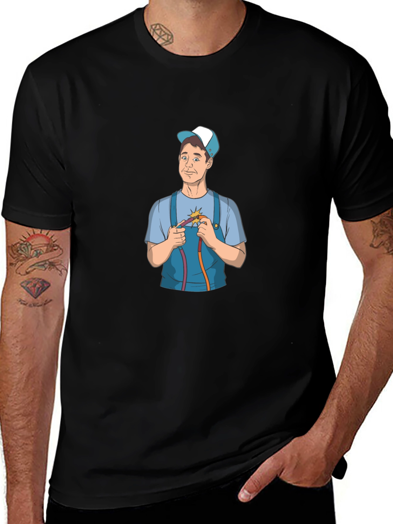 Electrician Cartoon Graphic Black T-Shirt