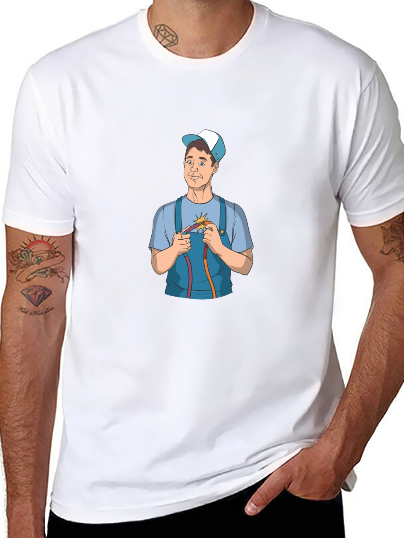 Electrician Cartoon Graphic Black T-Shirt