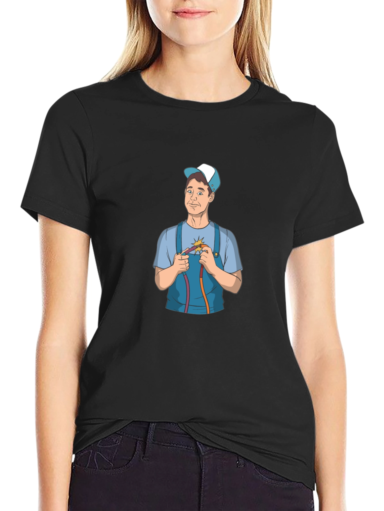 Electrician Cartoon Graphic Black T-Shirt