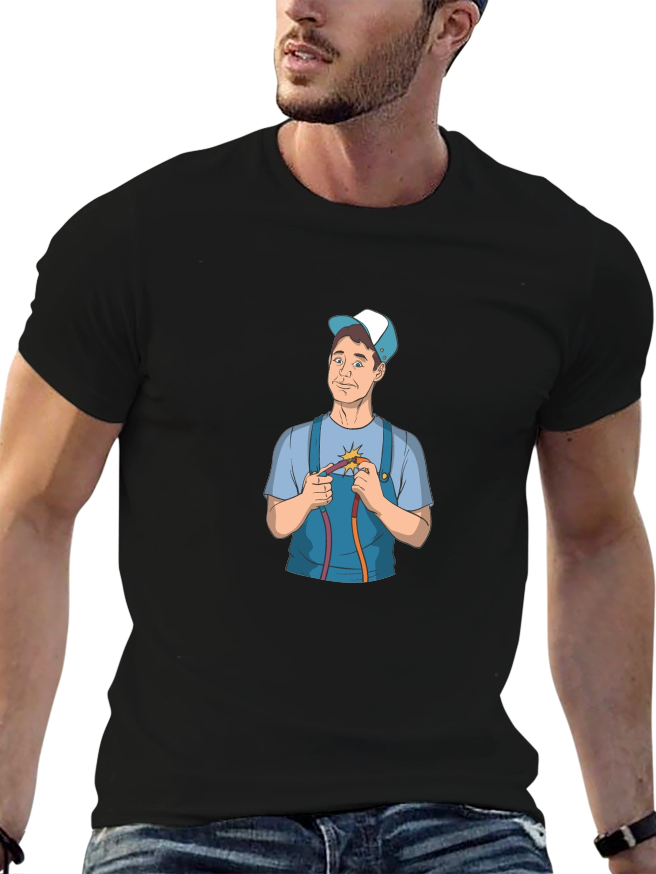 Electrician Cartoon Graphic Black T-Shirt