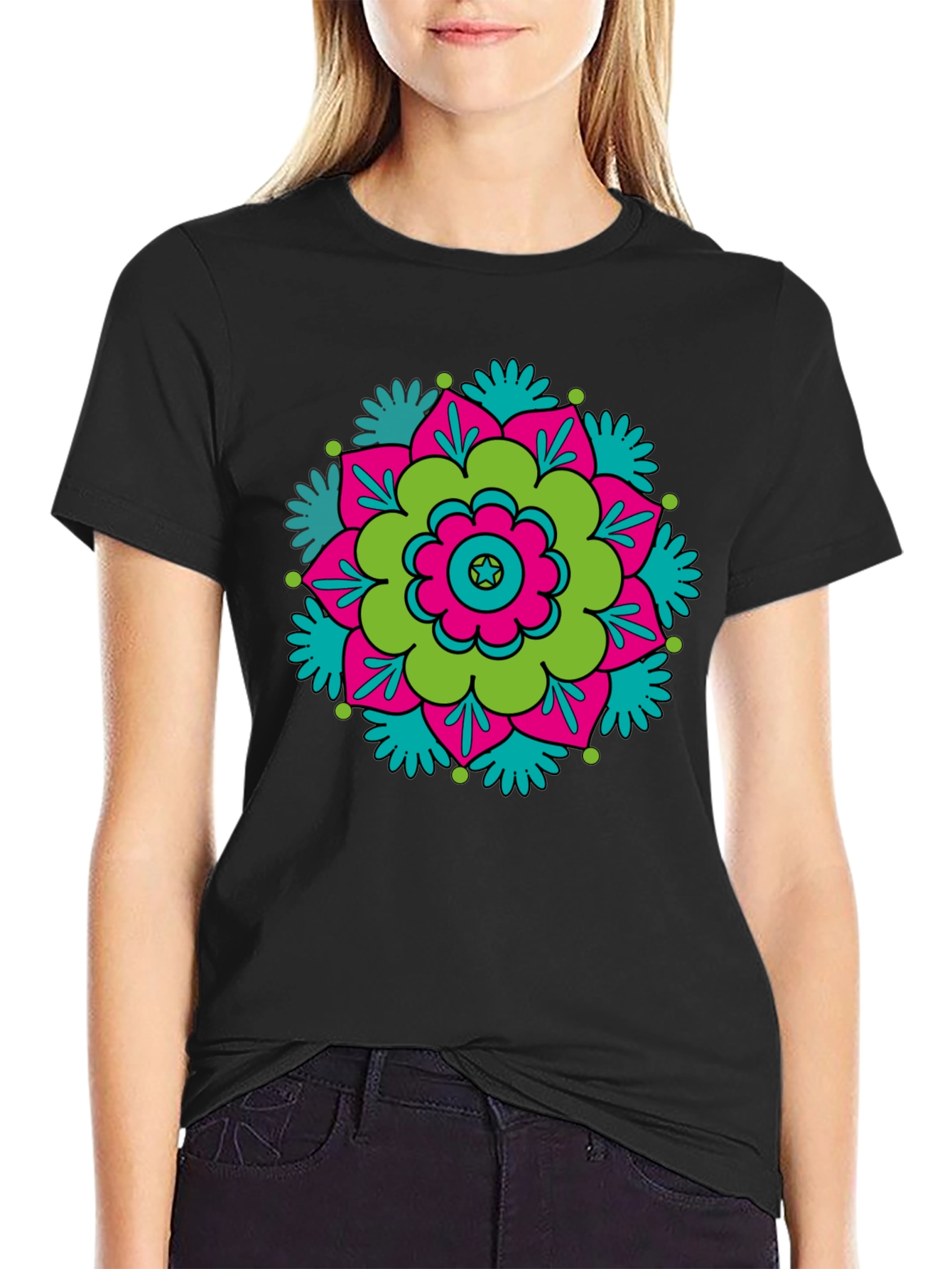 Black T-Shirt with Retro Flower Mandala Design