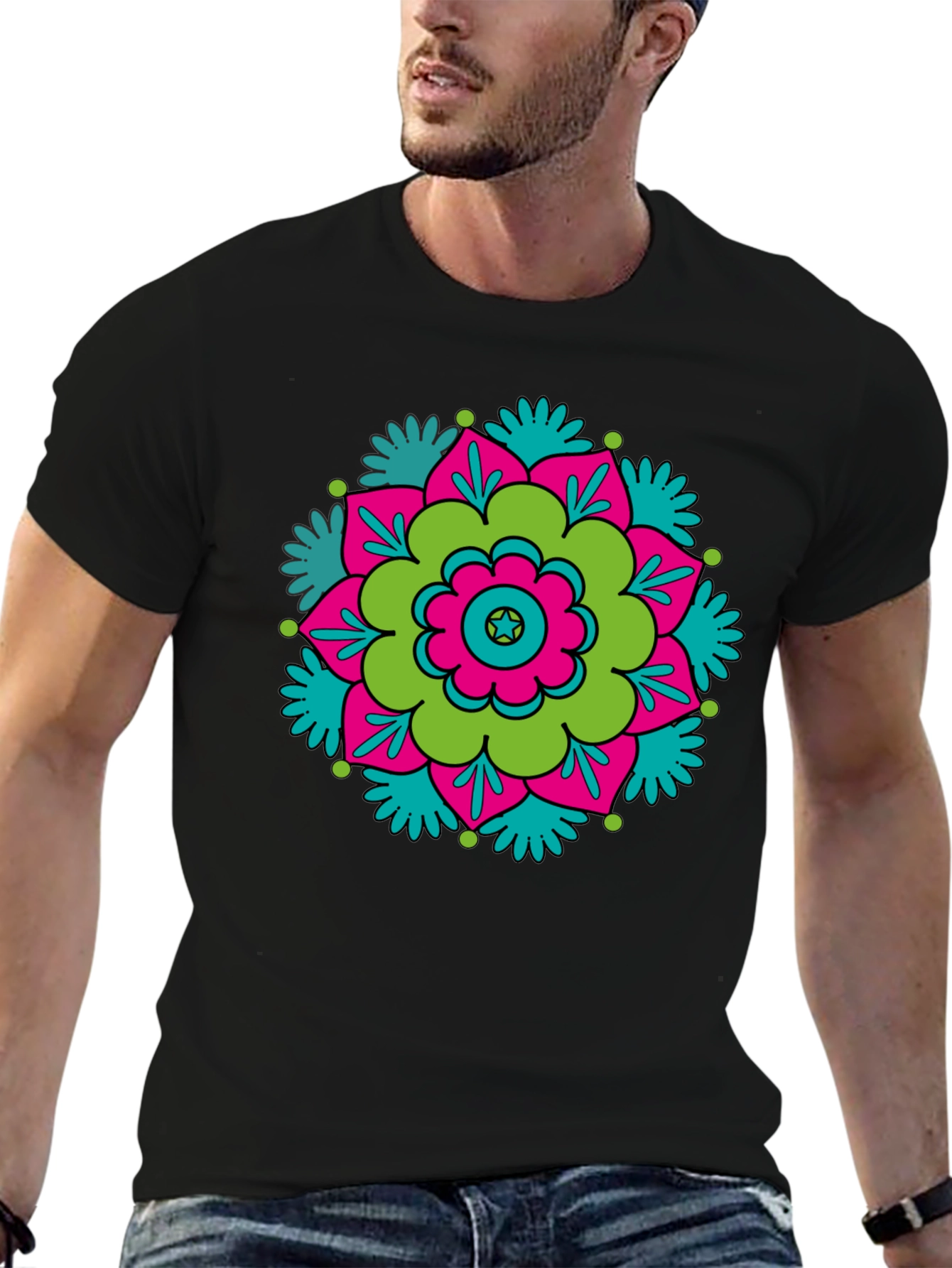 Black T-Shirt with Retro Flower Mandala Design