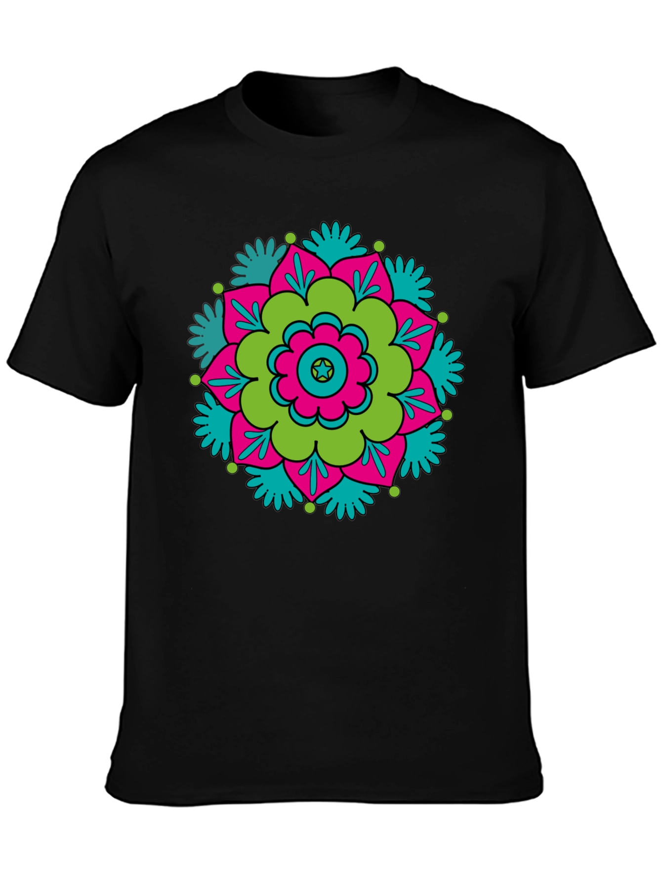 Black T-Shirt with Retro Flower Mandala Design