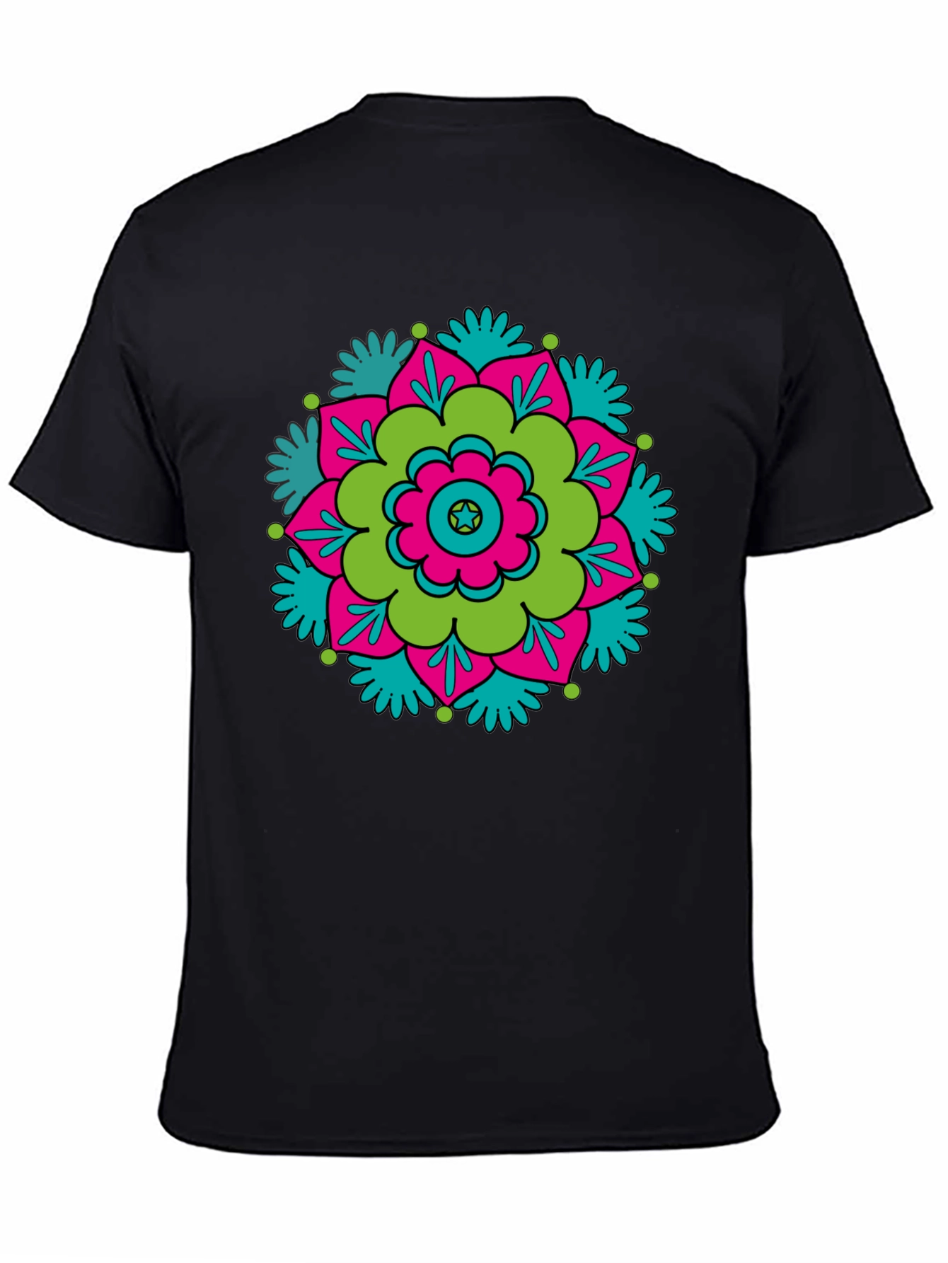 Black T-Shirt with Retro Flower Mandala Design