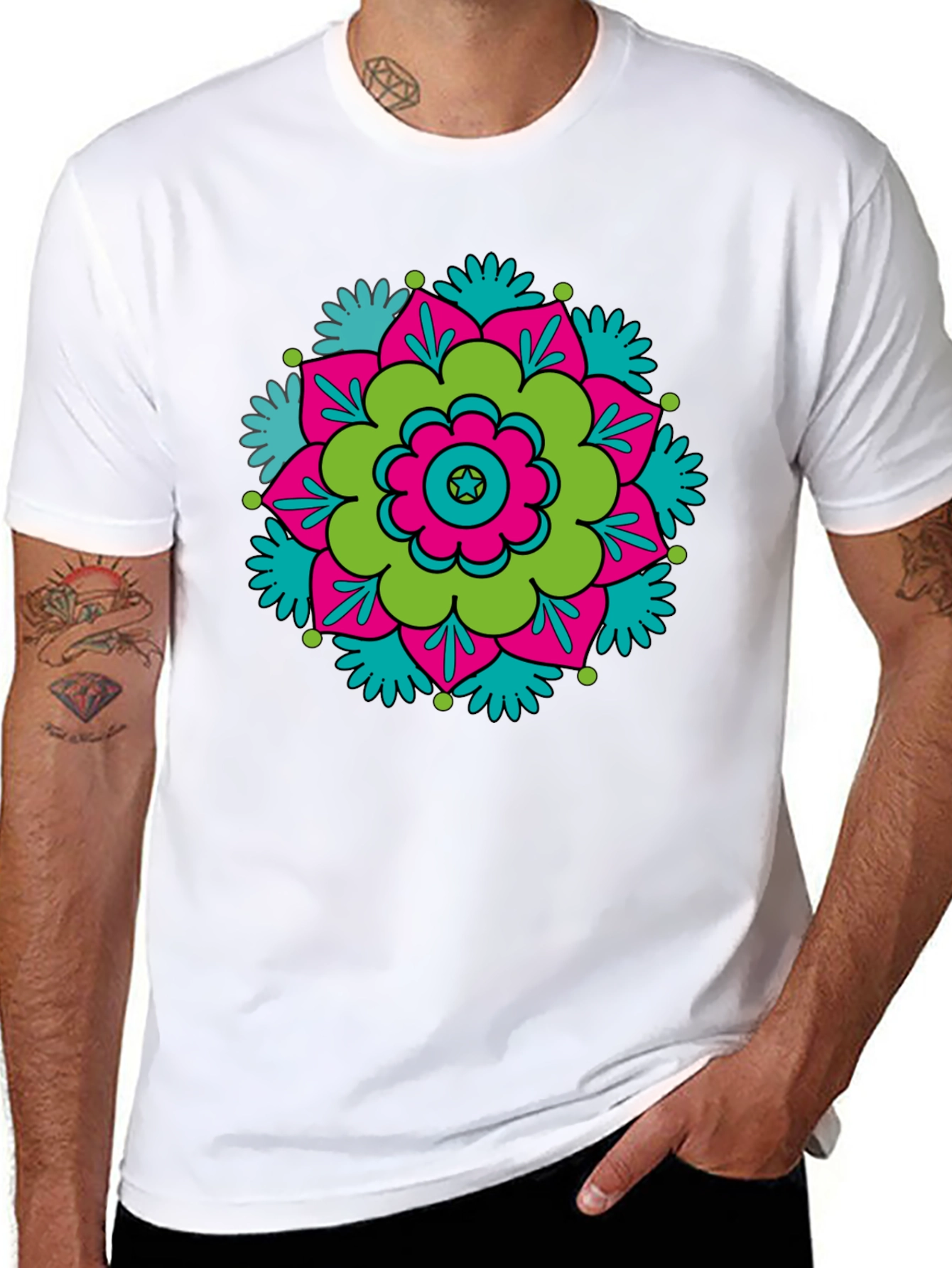 Black T-Shirt with Retro Flower Mandala Design