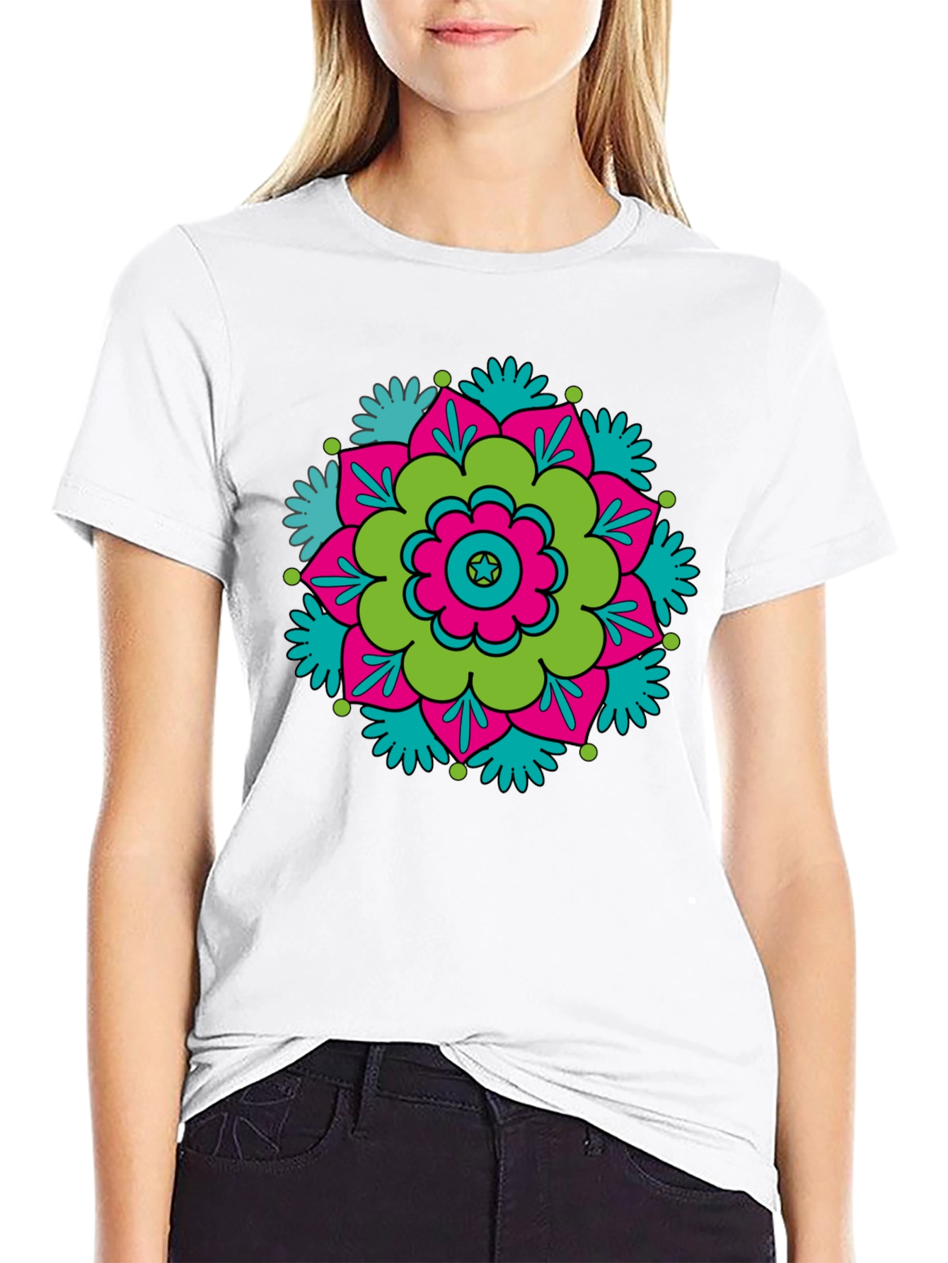 Black T-Shirt with Retro Flower Mandala Design