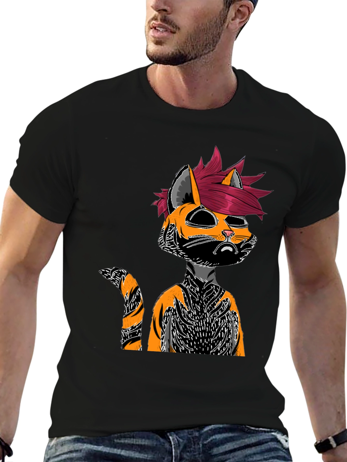 Edgy Cat Graphic Tee - Black Cotton Shirt