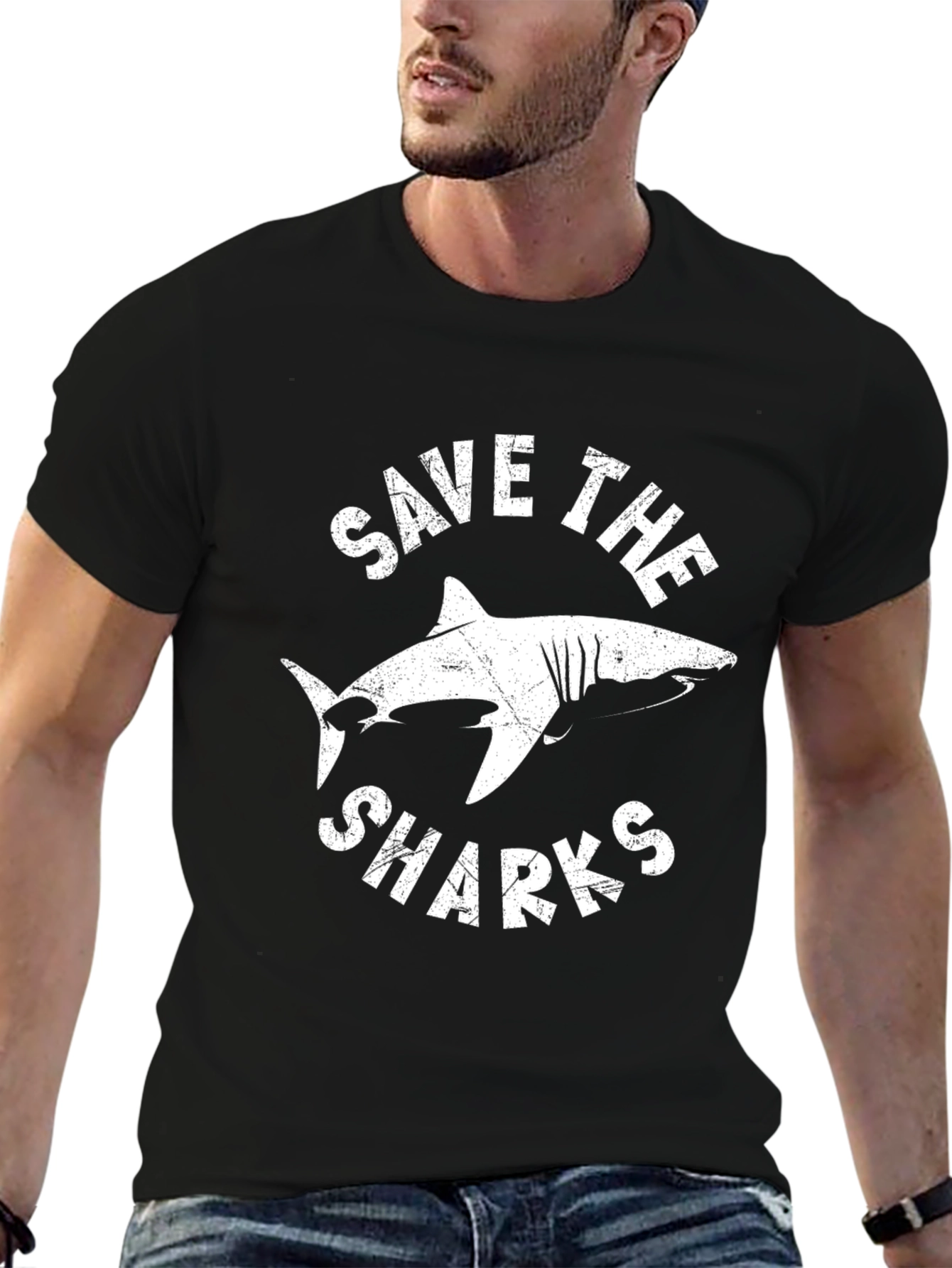 Save the Sharks Graphic Tee - Black Cotton T-Shirt