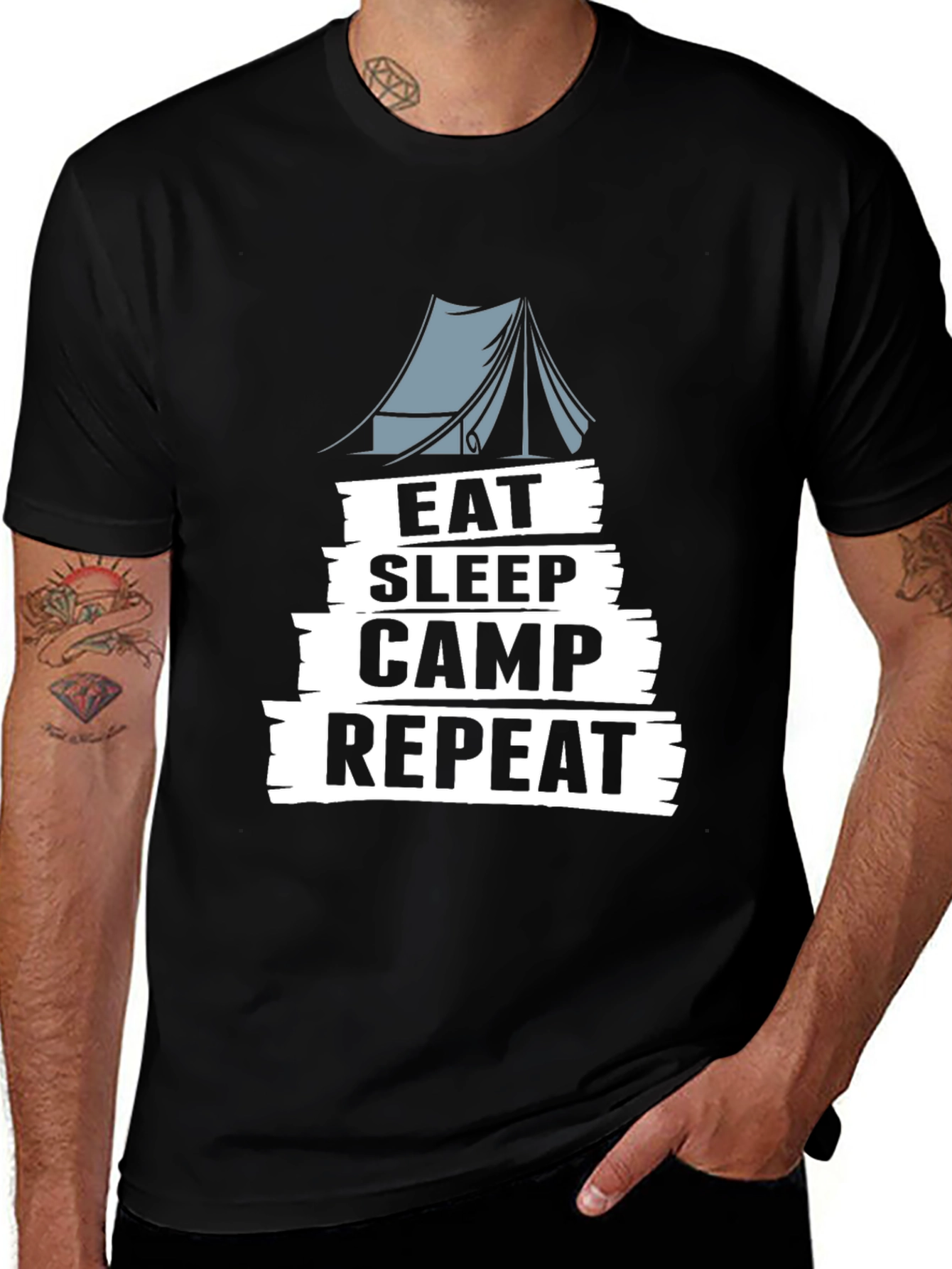 Eat Sleep Camp Repeat Black Graphic T-Shirt