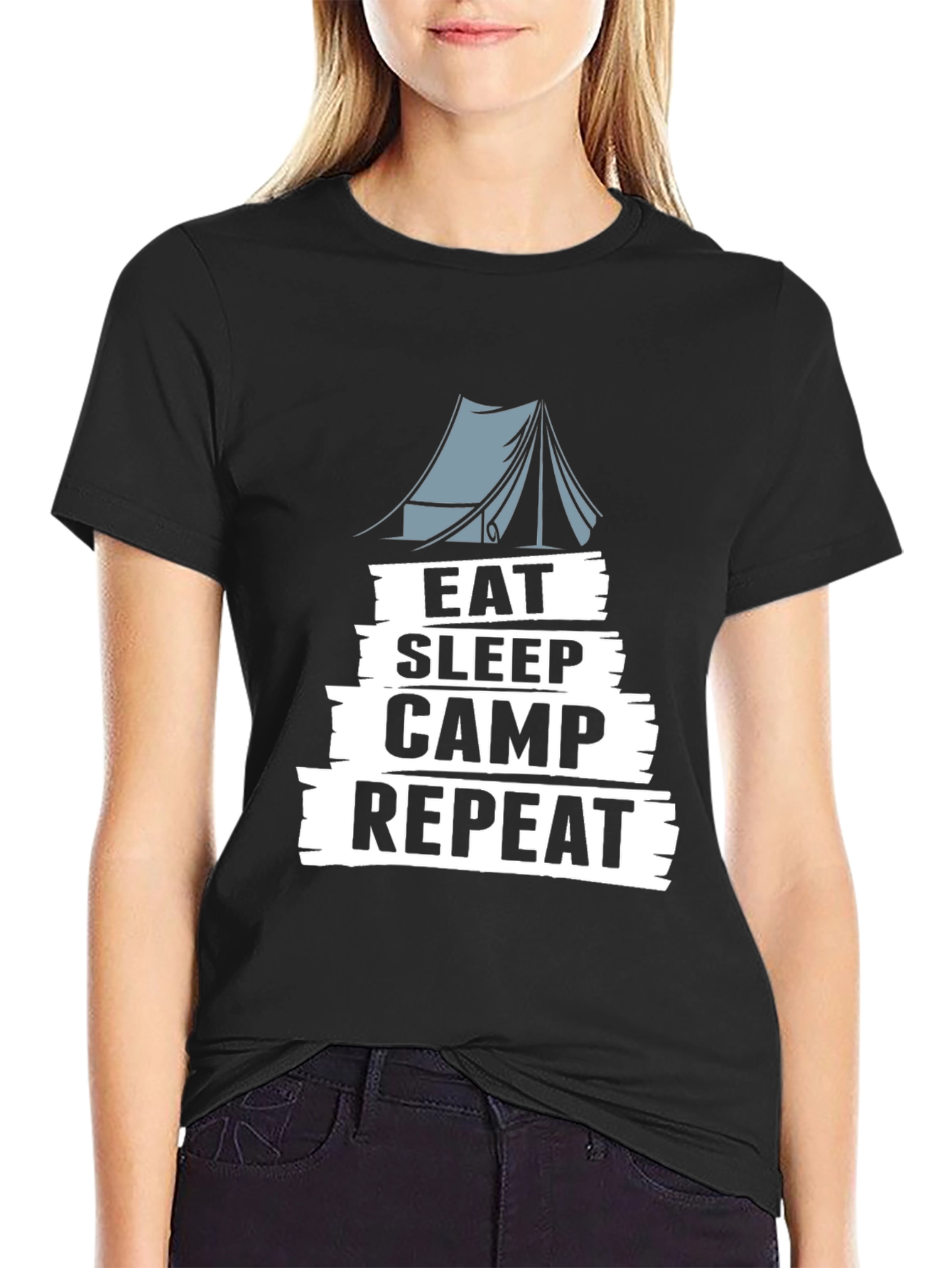 Eat Sleep Camp Repeat Black Graphic T-Shirt