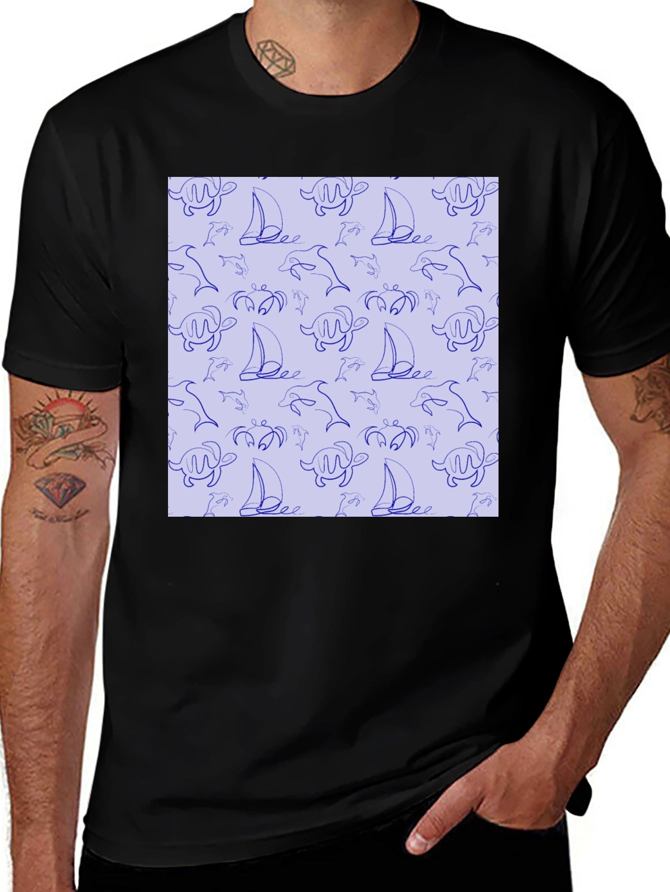 Nautical Print T-Shirt - Sea Life Pattern Tee