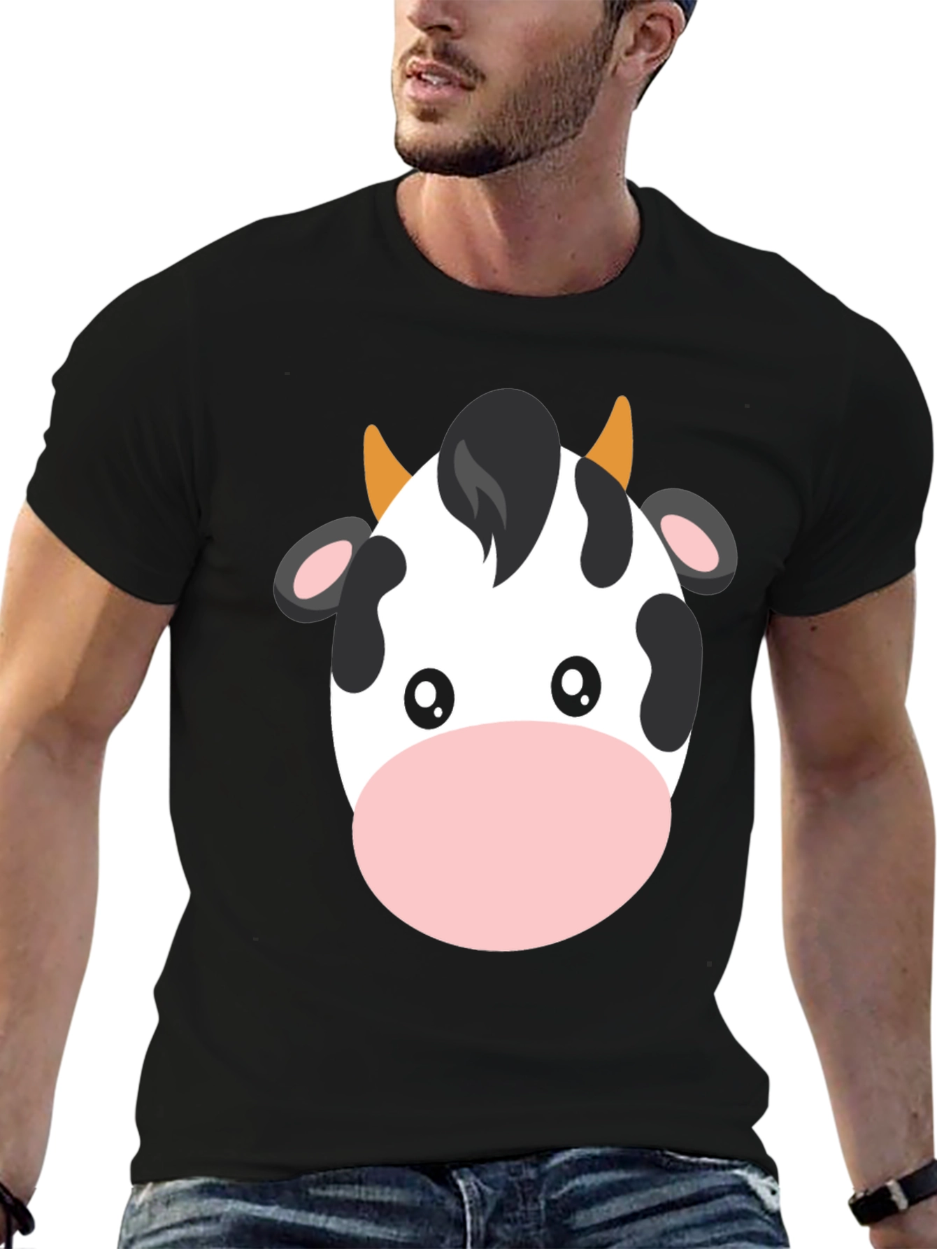 Cute Cow Graphic Tee - Black Cotton T-Shirt