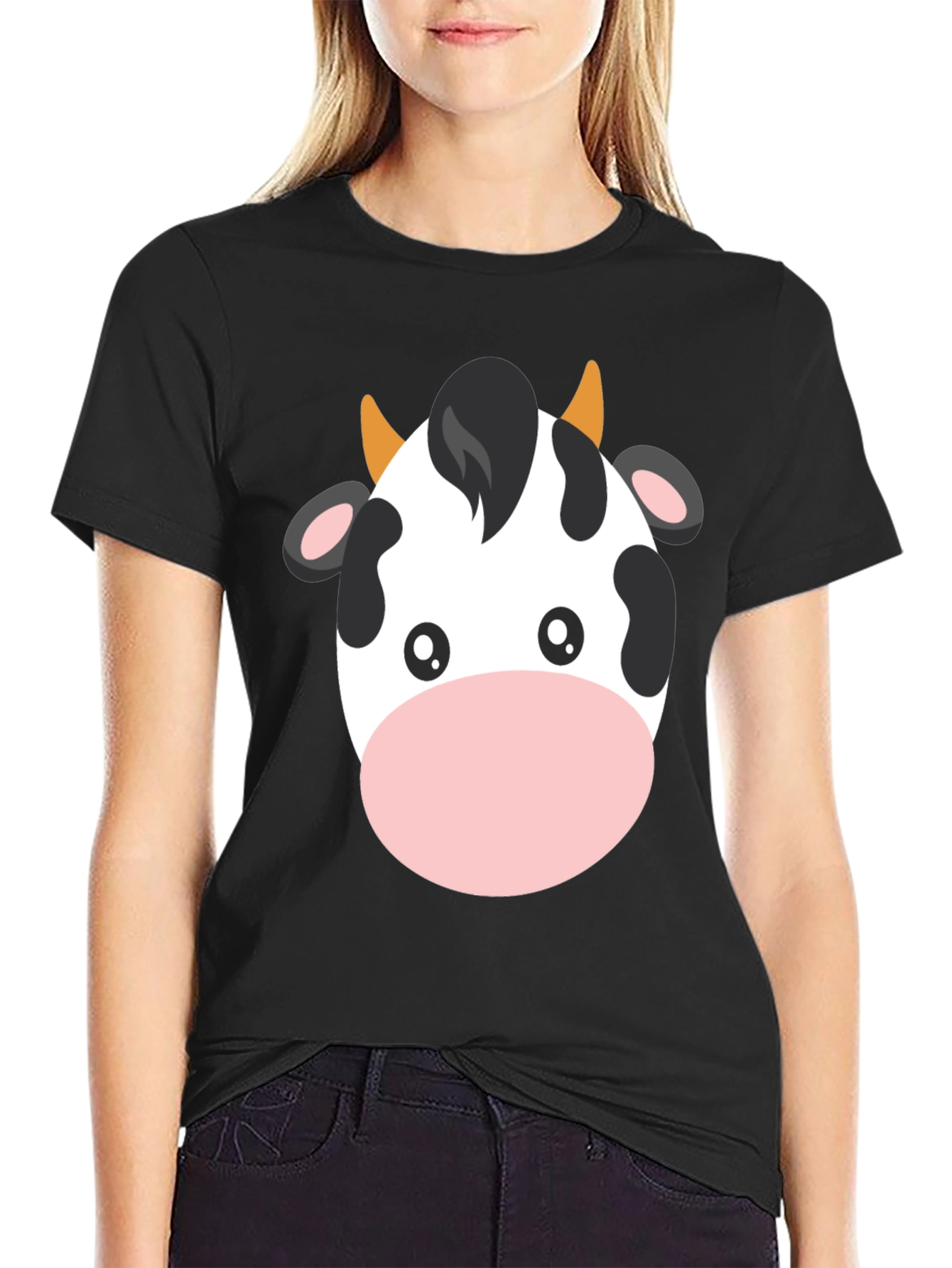 Cute Cow Graphic Tee - Black Cotton T-Shirt