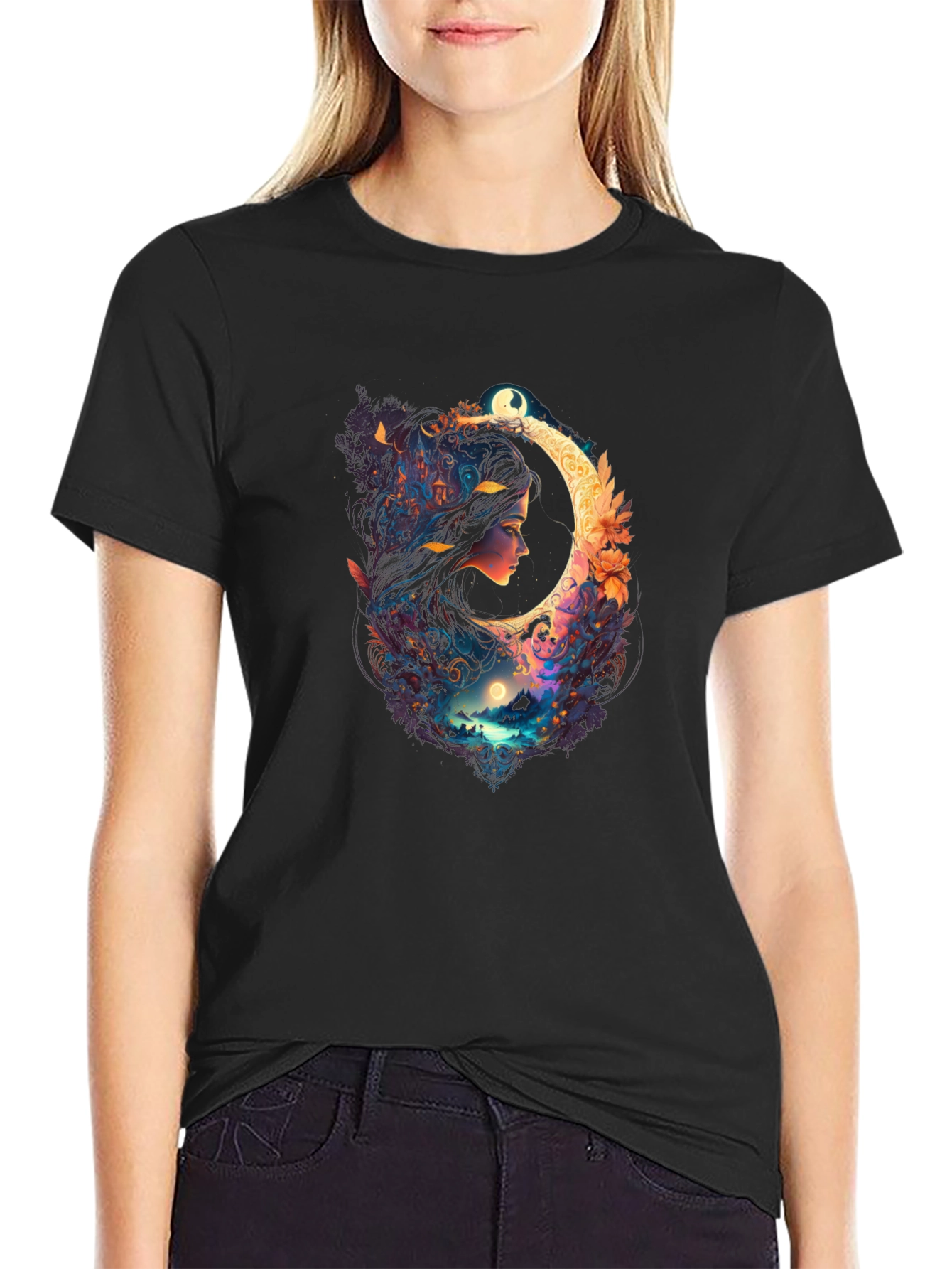 Celestial Moon Woman Black T-Shirt