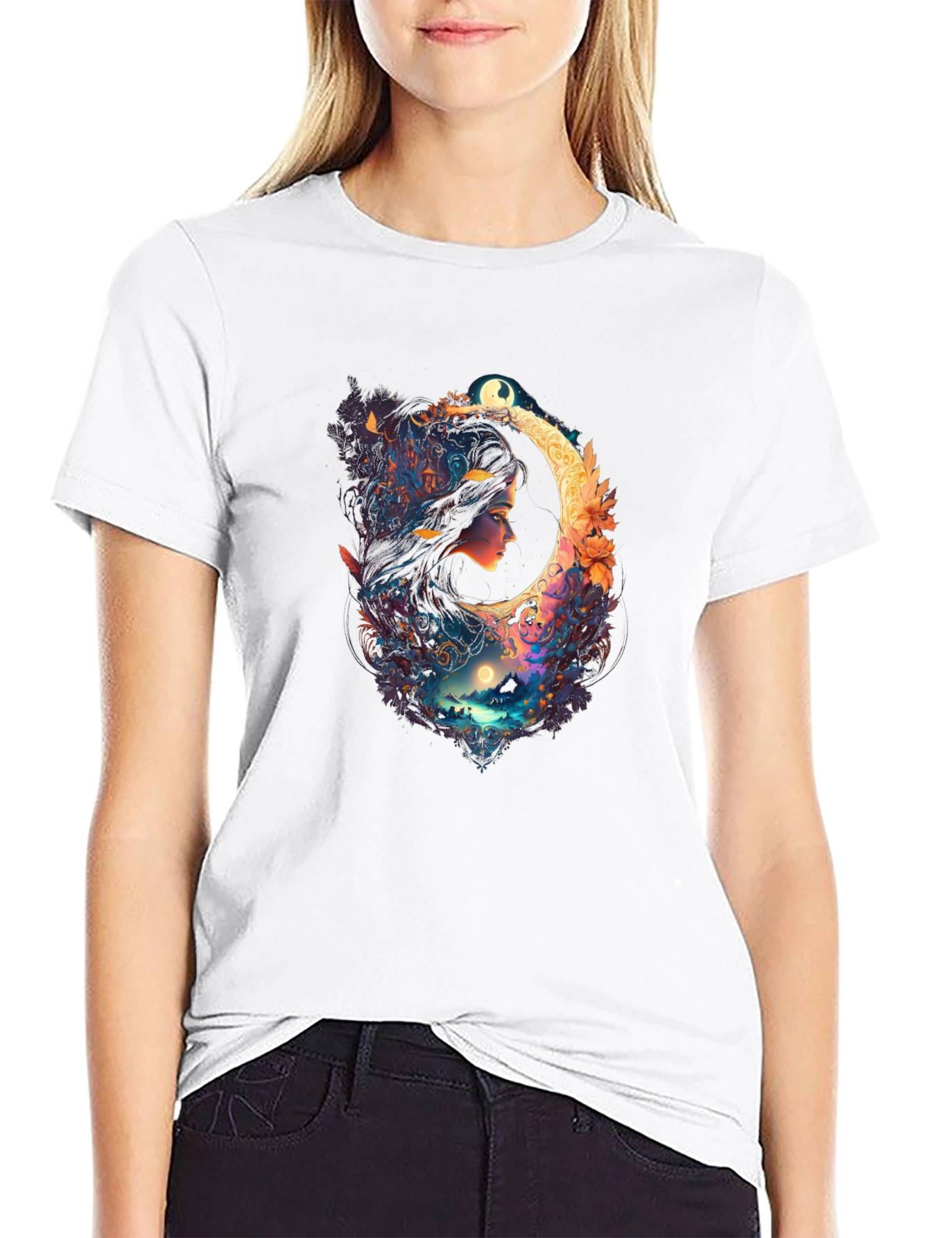 Celestial Moon Woman Black T-Shirt