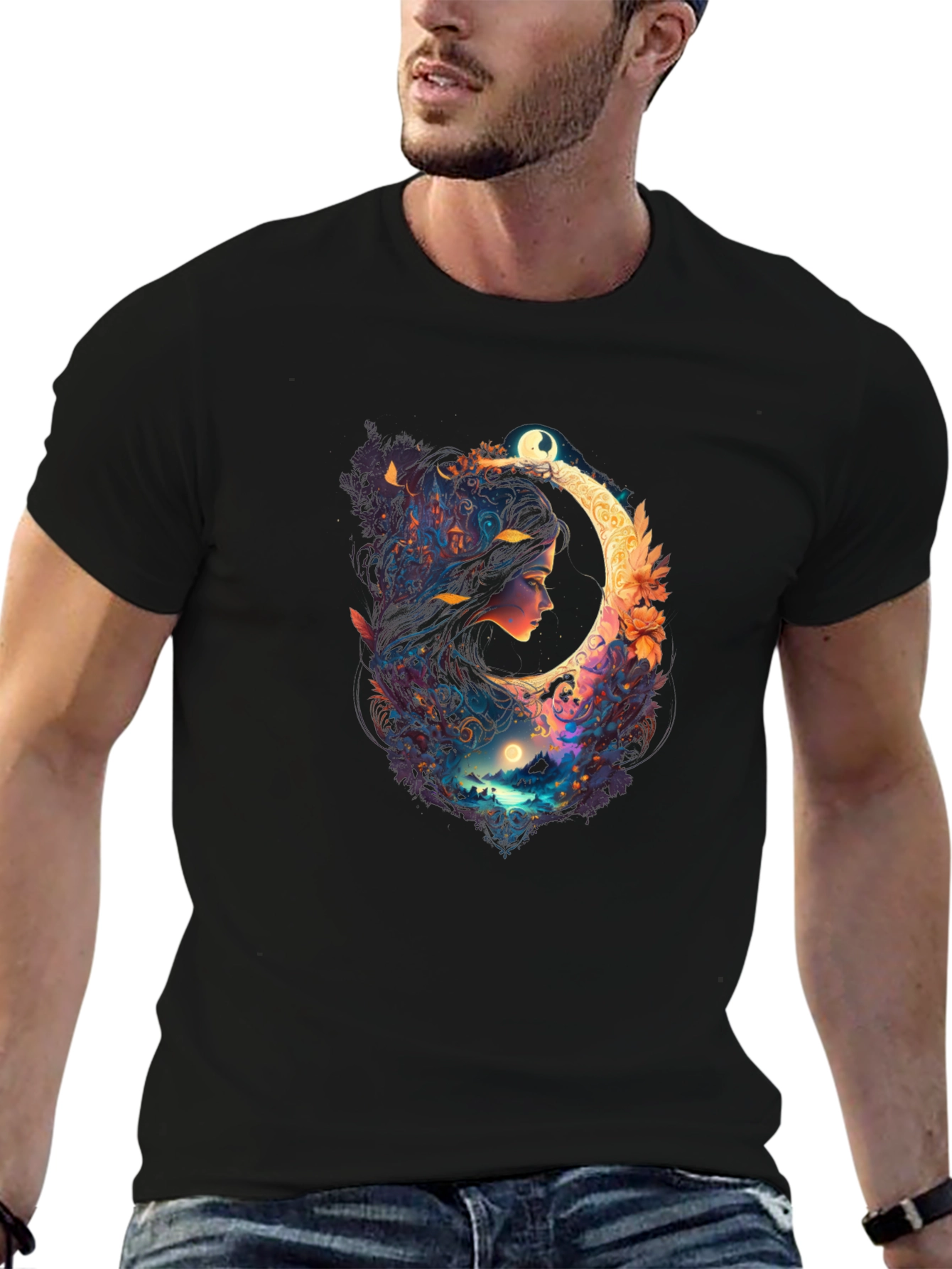 Celestial Moon Woman Black T-Shirt