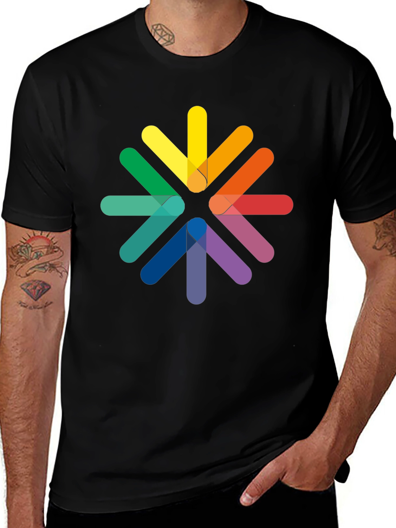 Rainbow Arrow Circle Black Tee - Modern Graphic T-Shirt