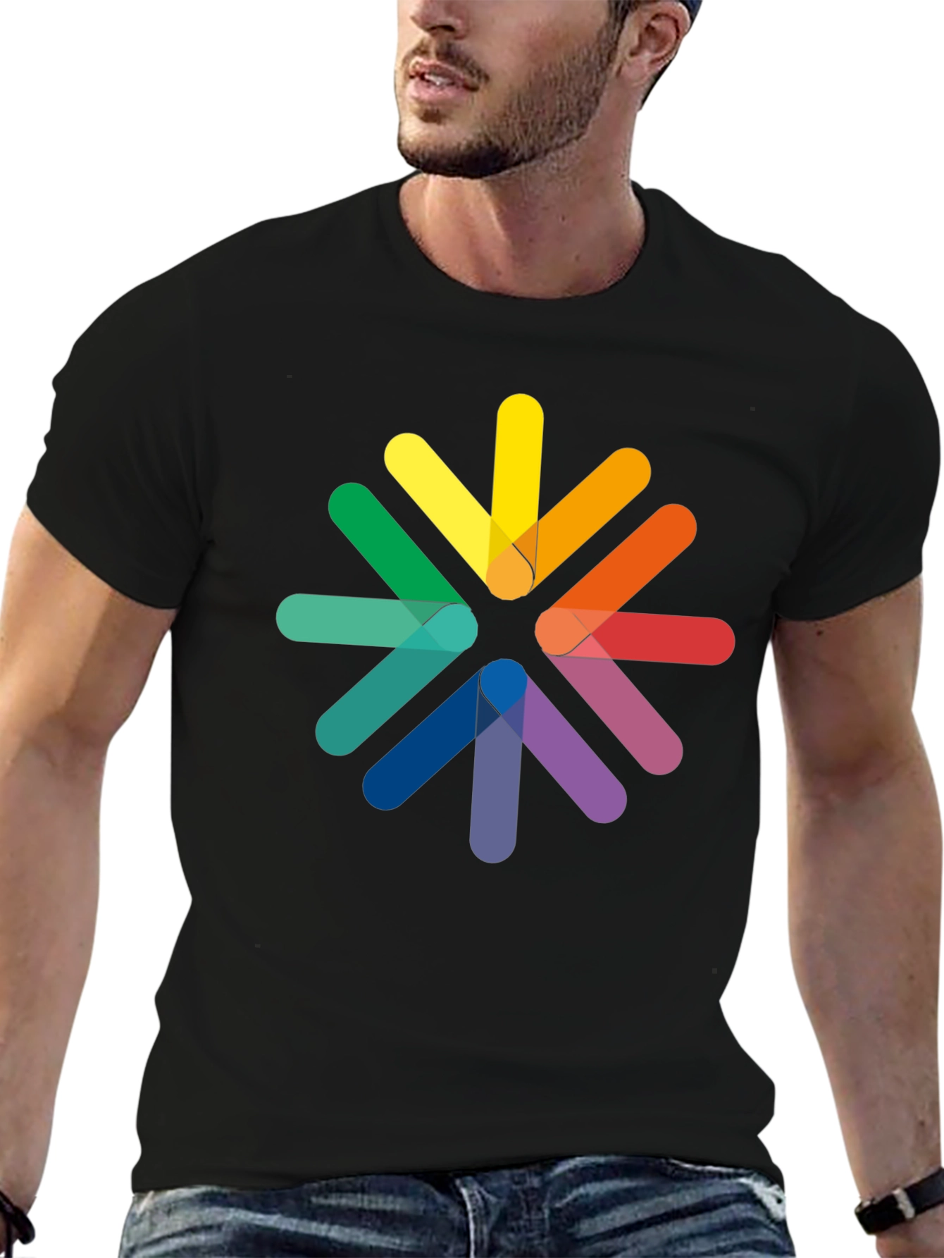 Rainbow Arrow Circle Black Tee - Modern Graphic T-Shirt
