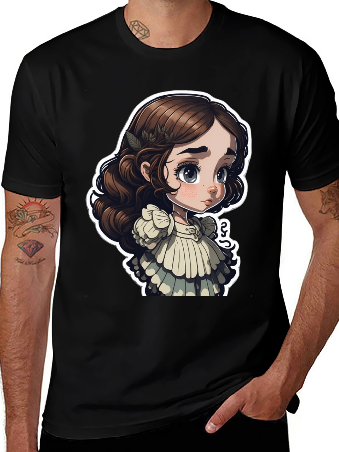 Cute Cartoon Girl Black T-Shirt