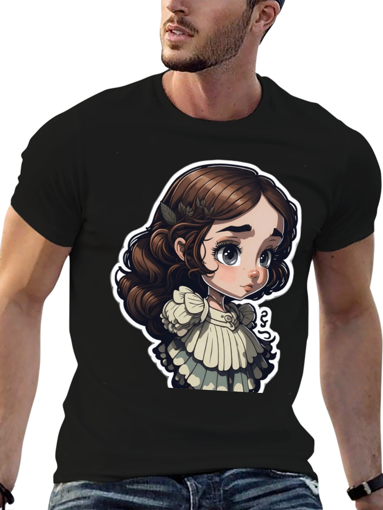 Cute Cartoon Girl Black T-Shirt
