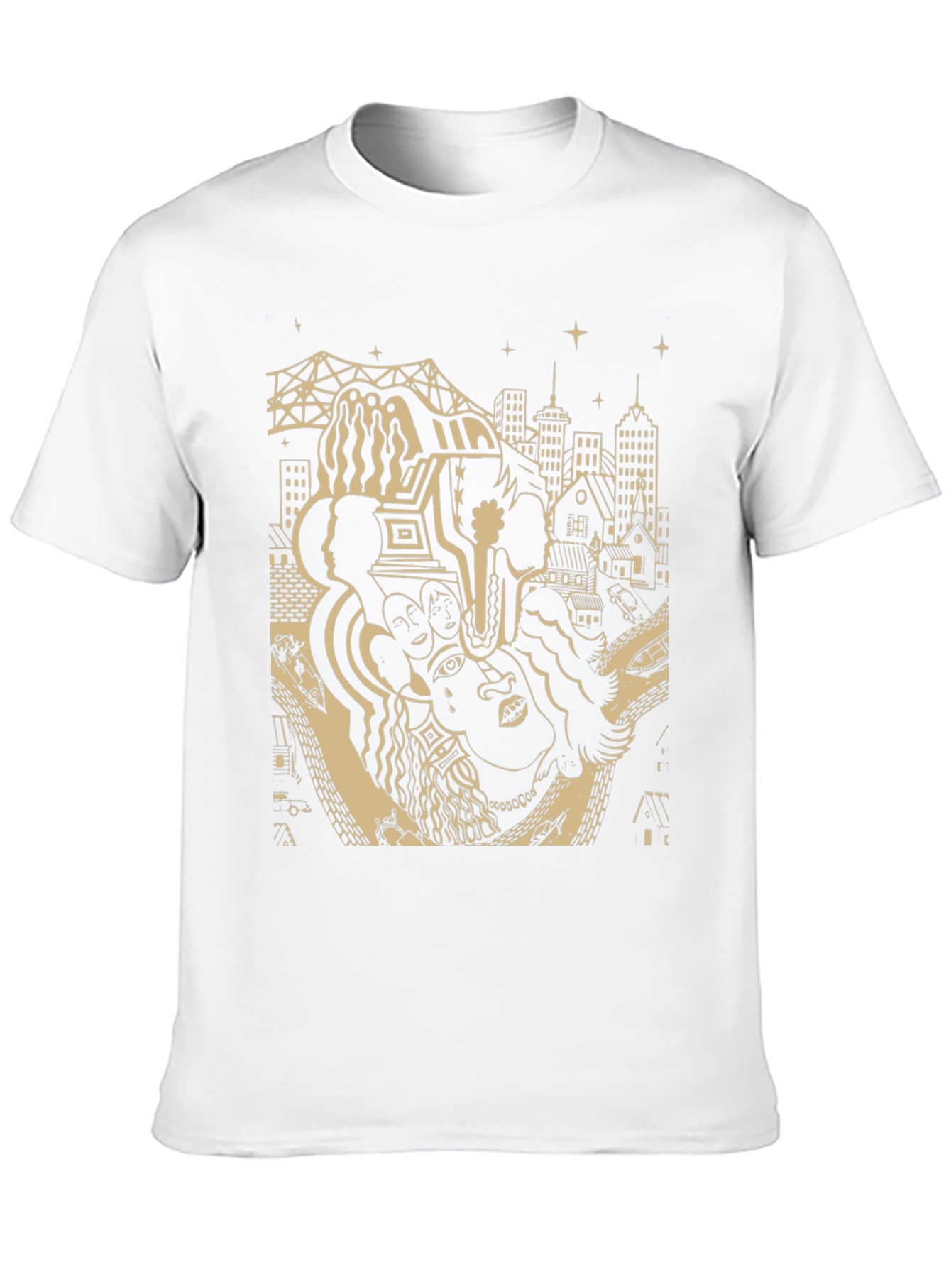 Unique Black T-Shirt with Cityscape Graphic Design