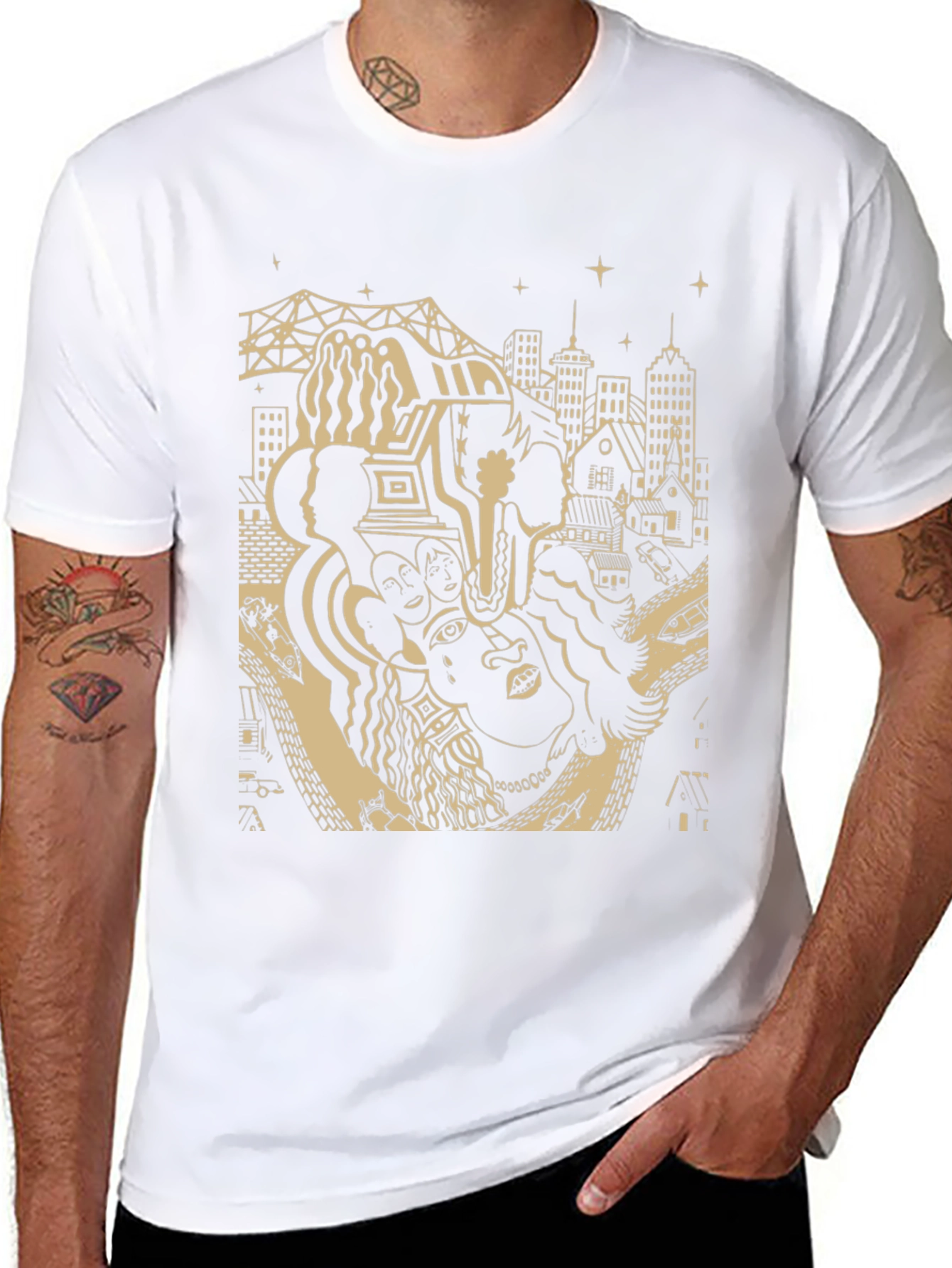 Unique Black T-Shirt with Cityscape Graphic Design