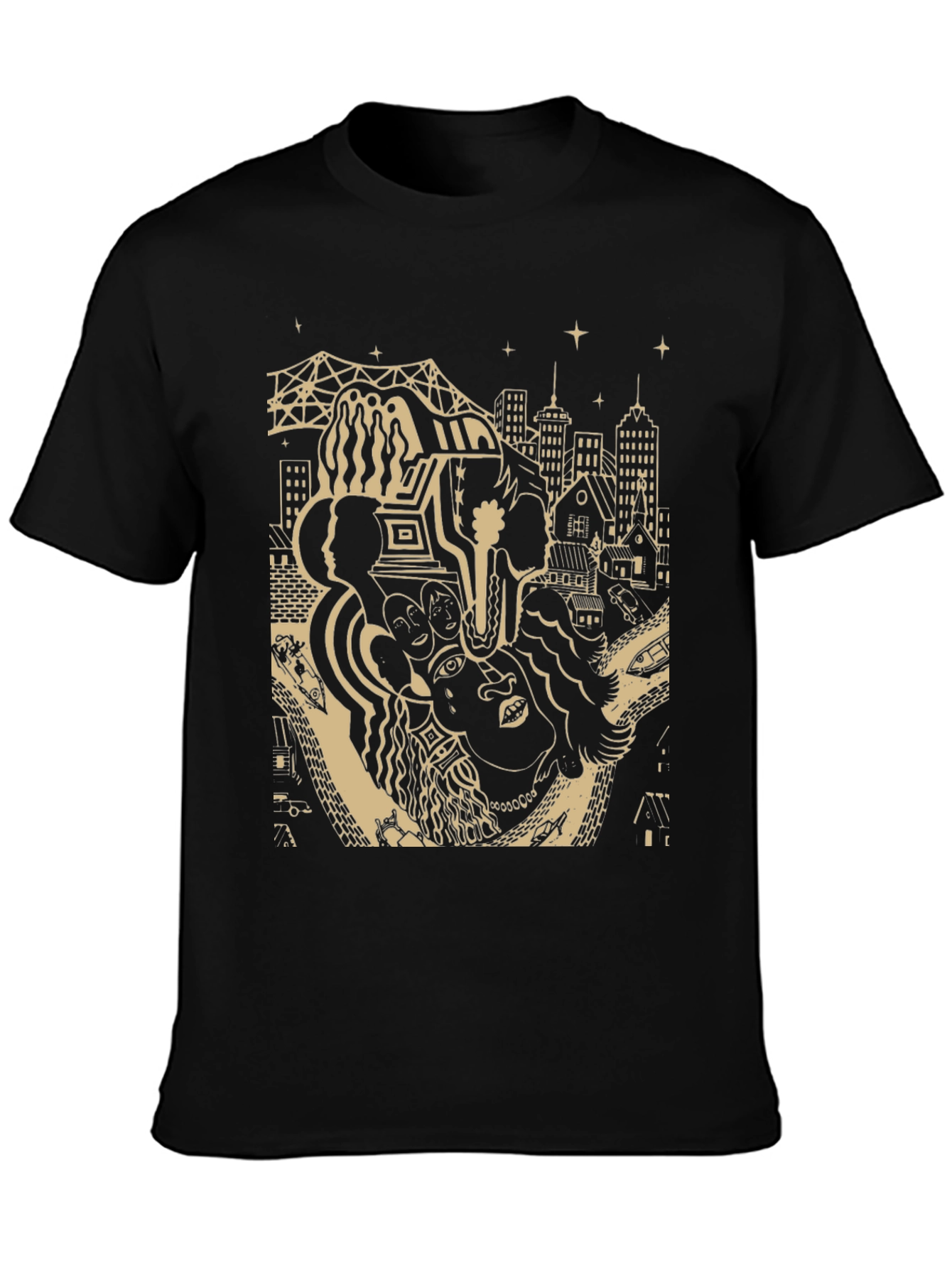 Unique Black T-Shirt with Cityscape Graphic Design