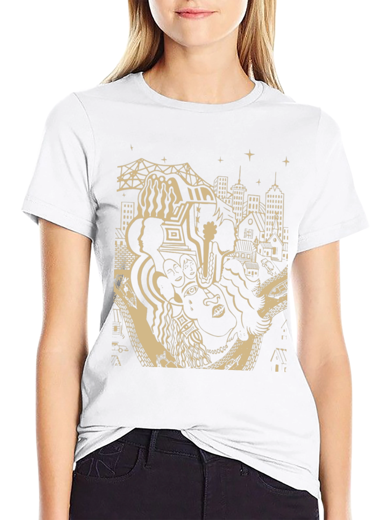 Unique Black T-Shirt with Cityscape Graphic Design