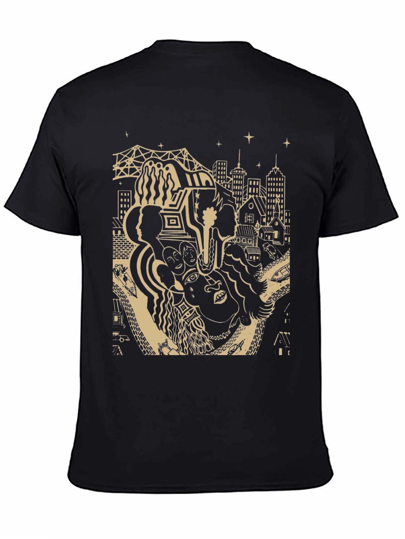 Unique Black T-Shirt with Cityscape Graphic Design