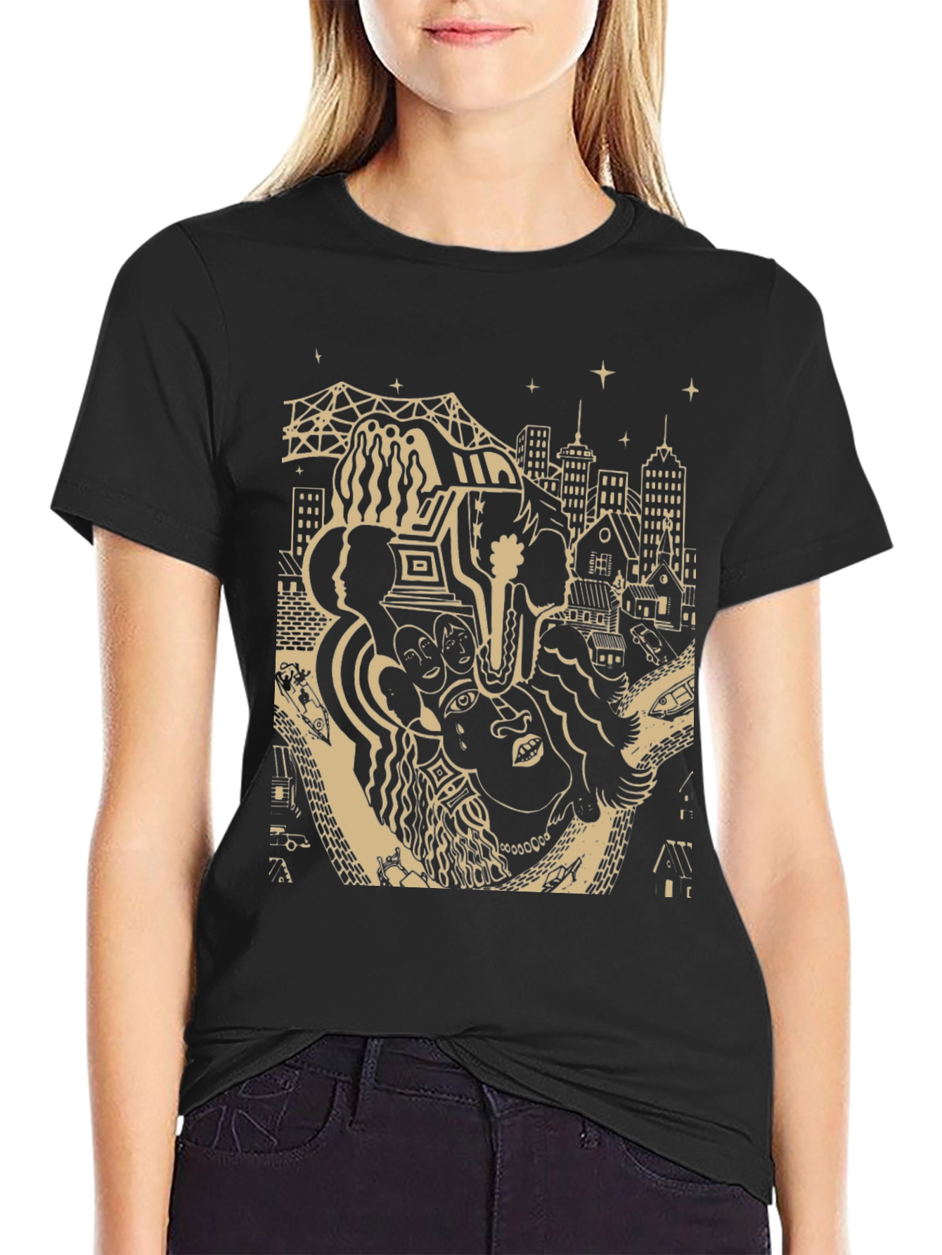 Unique Black T-Shirt with Cityscape Graphic Design