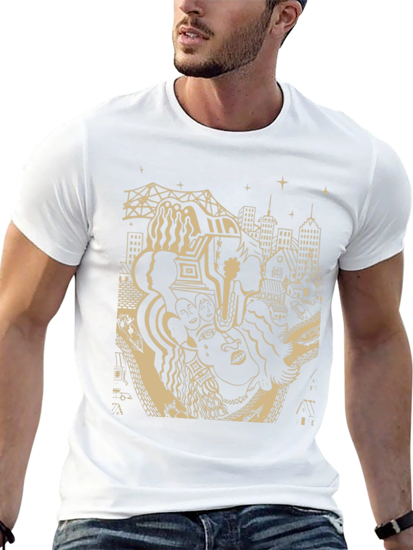 Unique Black T-Shirt with Cityscape Graphic Design