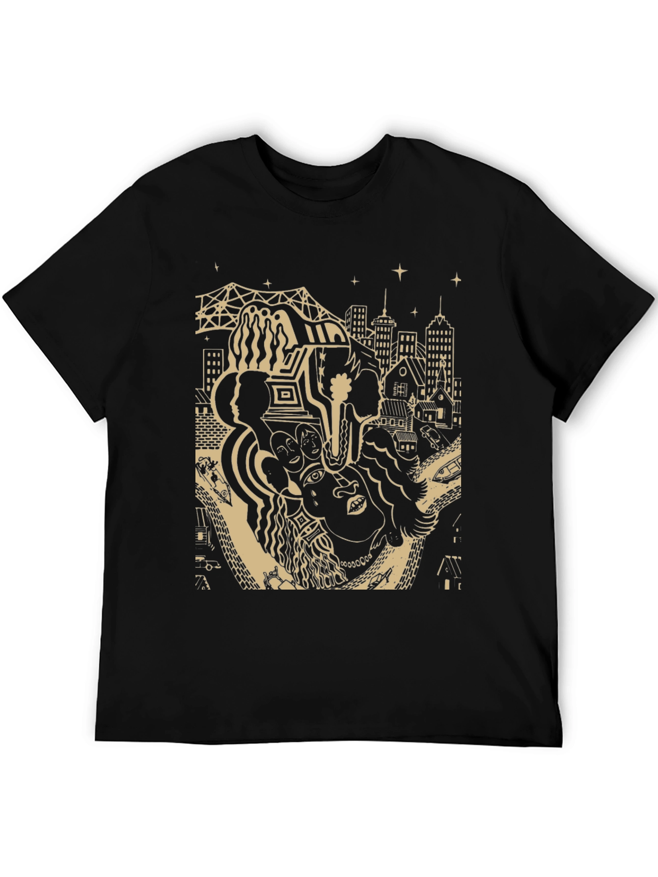 Unique Black T-Shirt with Cityscape Graphic Design