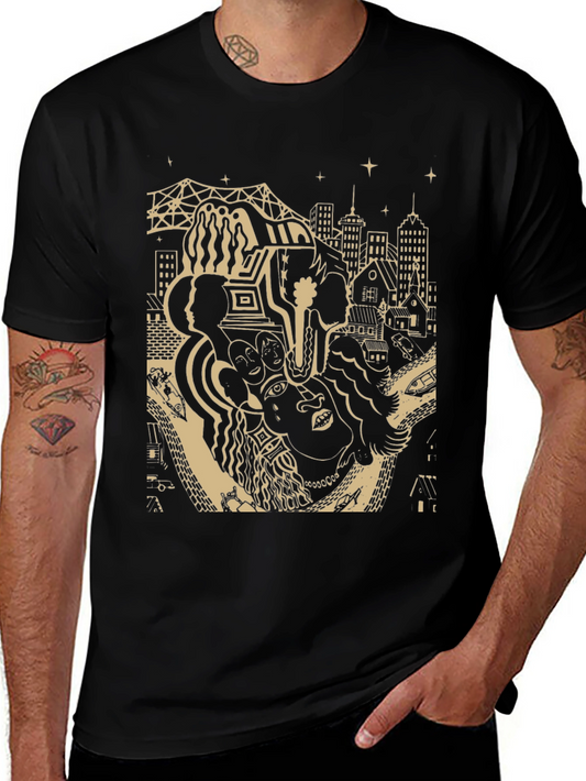 Unique Black T-Shirt with Cityscape Graphic Design