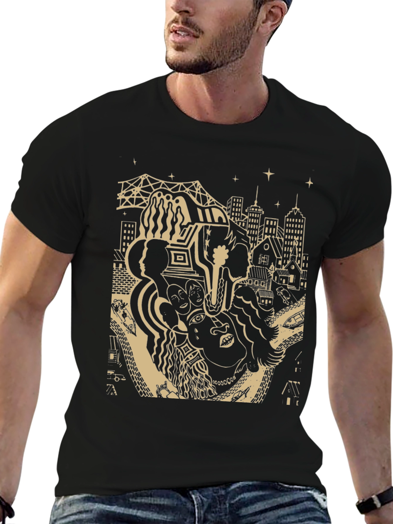 Unique Black T-Shirt with Cityscape Graphic Design