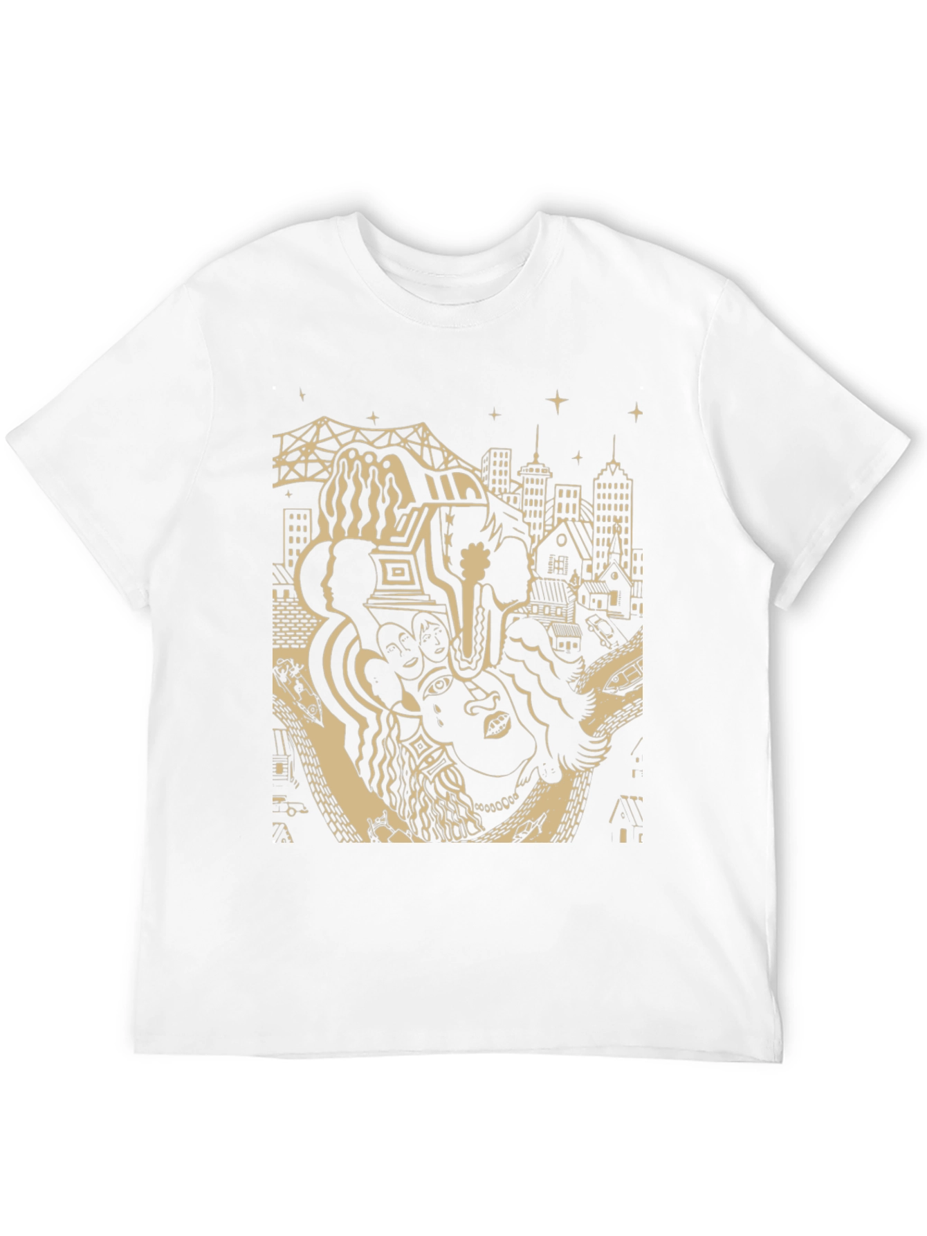 Unique Black T-Shirt with Cityscape Graphic Design